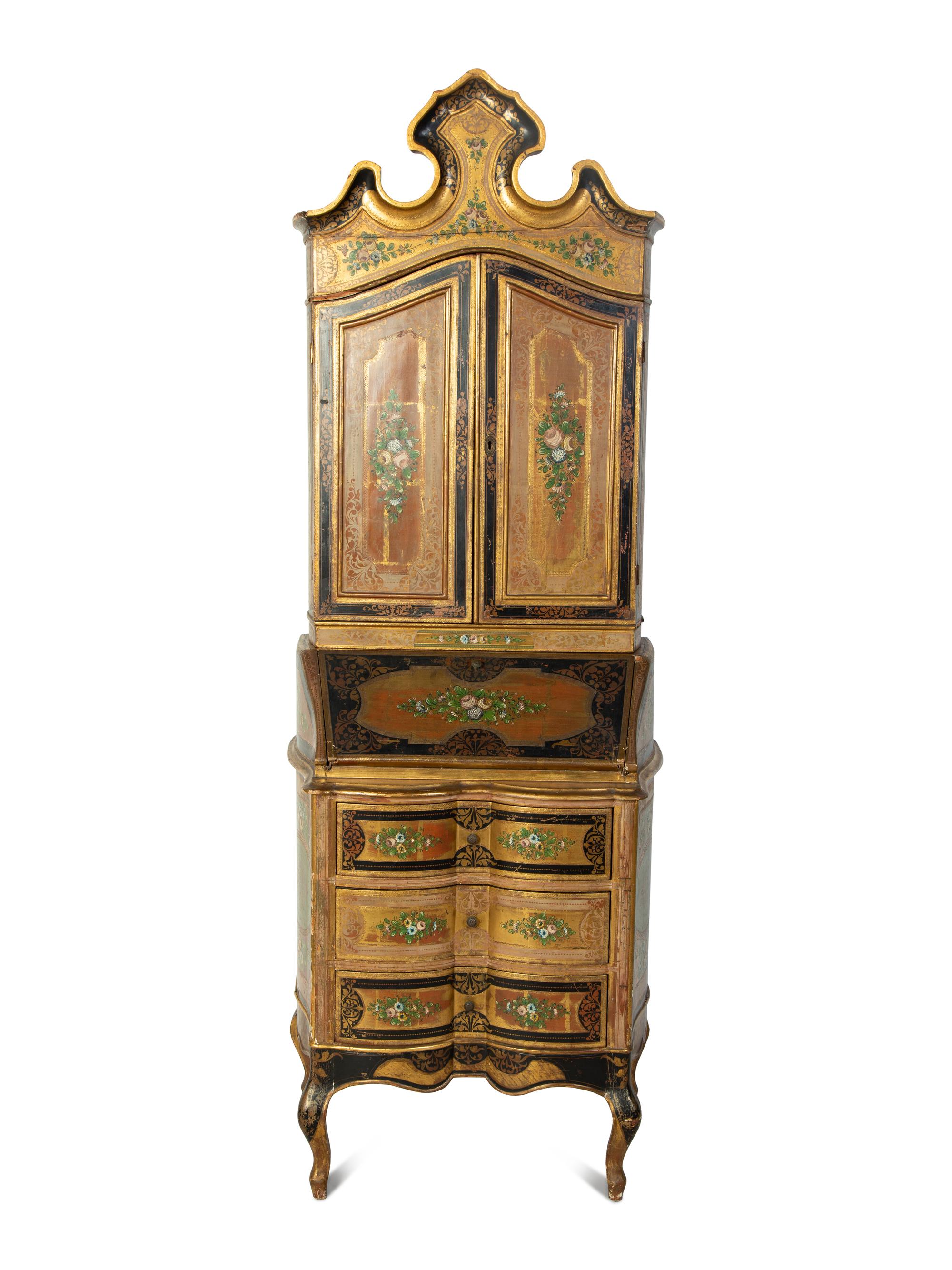 A Venetian Style Polychrome Lacquered Secretary Bookcase — 19TH CENTURY
