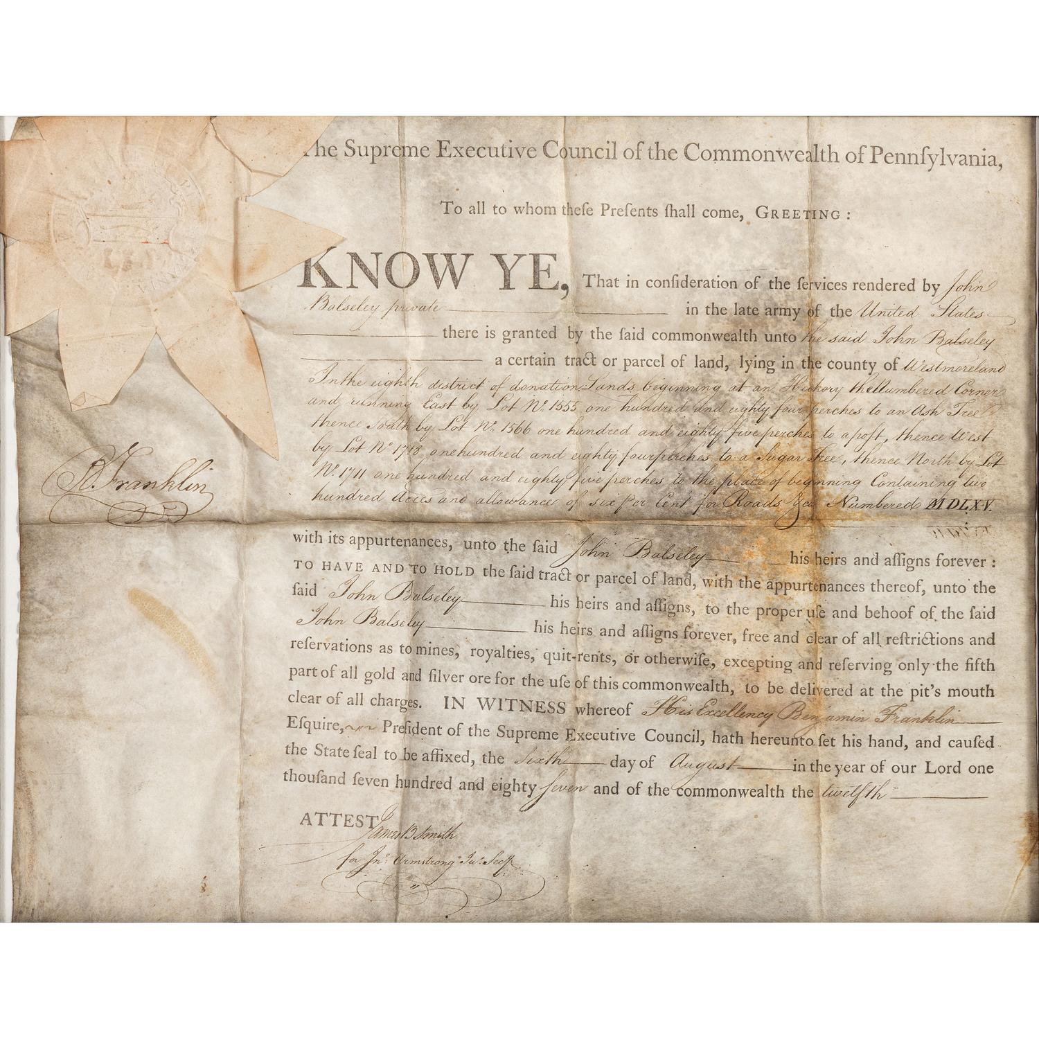 FRANKLIN, Benjamin (1706-1790). Partly printed document signed (“B. Franklin”), as President of the Supreme Executive Council of Pennsylvania, 6 August 1787.