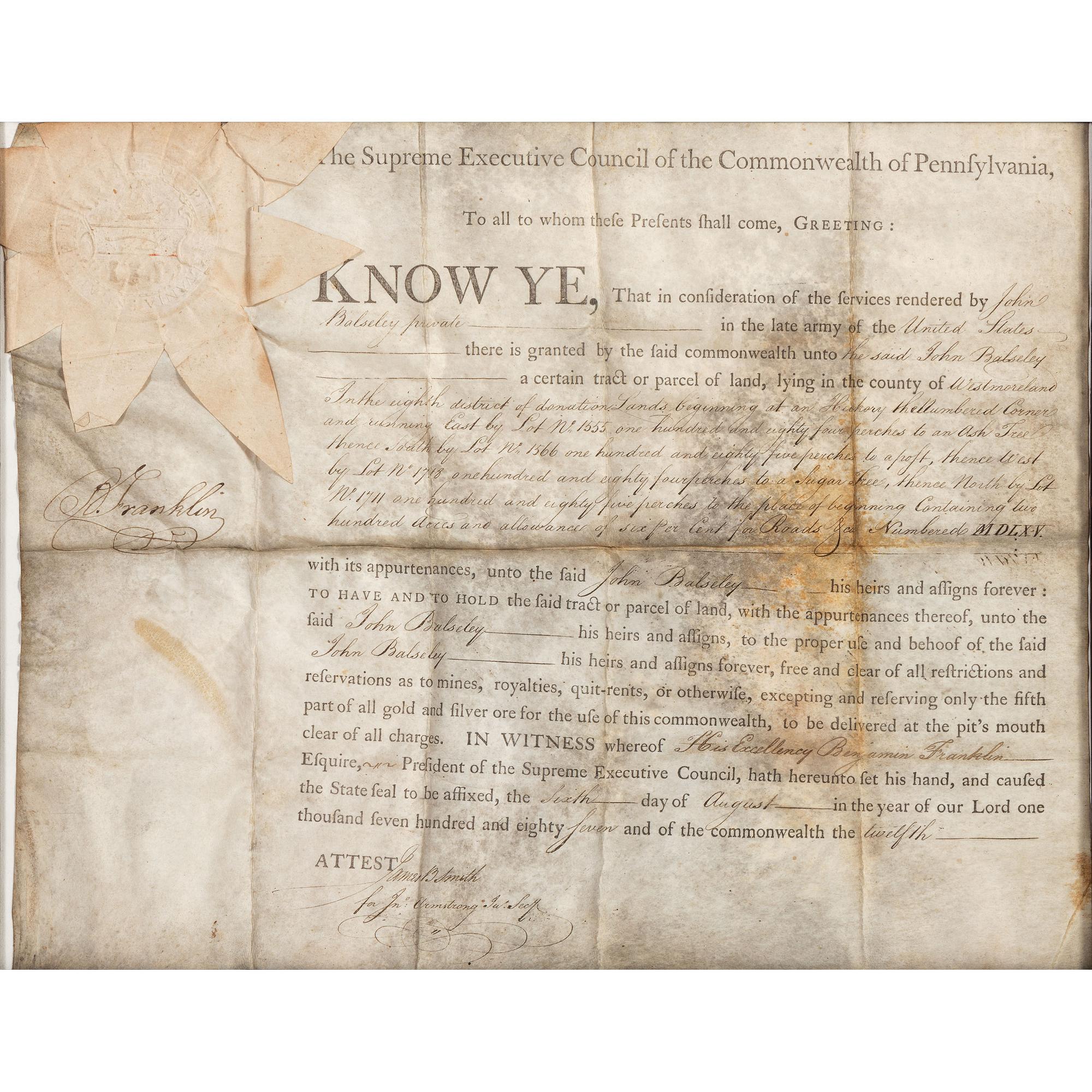 FRANKLIN, Benjamin (1706-1790). Partly printed document signed (“B. Franklin”), as President of the Supreme Executive Council of Pennsylvania, 6 August 1787.