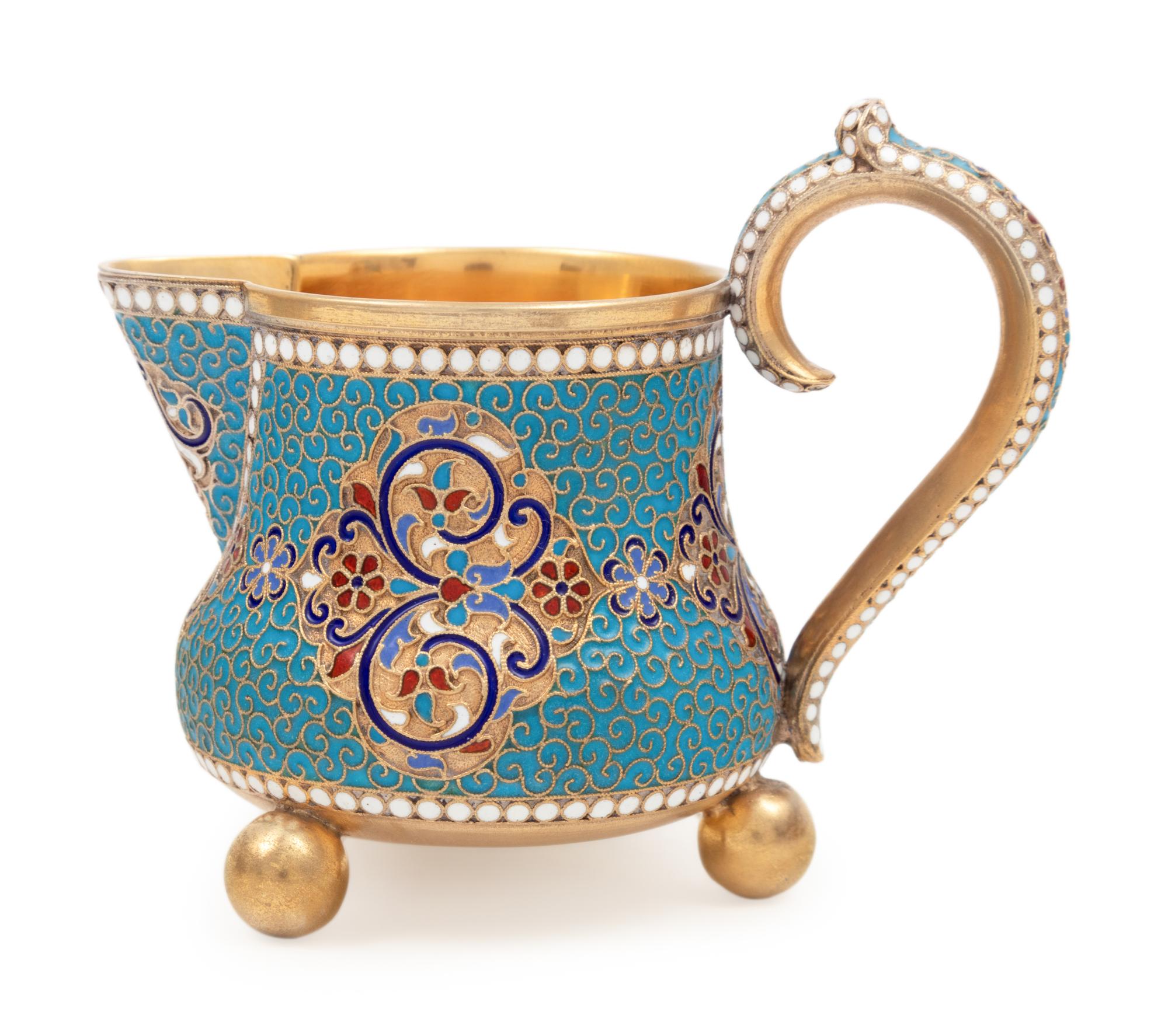 A Russian Silver-Gilt and Enamel Creamer and Sugar Set