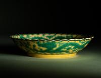 A Pair of Green Enameled Yellow Ground Glazed Incised 'Dragon' Dishes