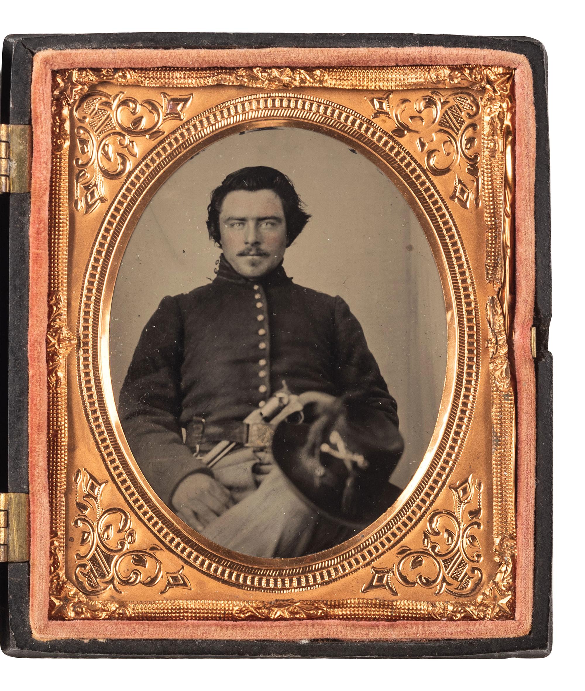 [CIVIL WAR]. Sixth plate tintype of Corporal Theodore Creamer, 1st Iowa Cavalry, DOW sustained at the Skirmish at Terre Noire Creek, AR.