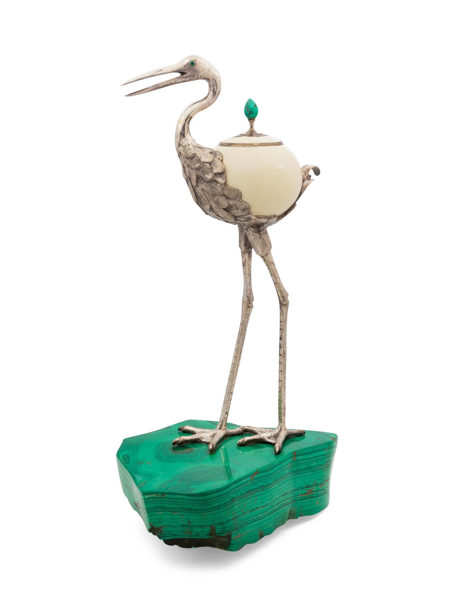 A Malachite, Ostrich Egg and Silvered Metal Figure
