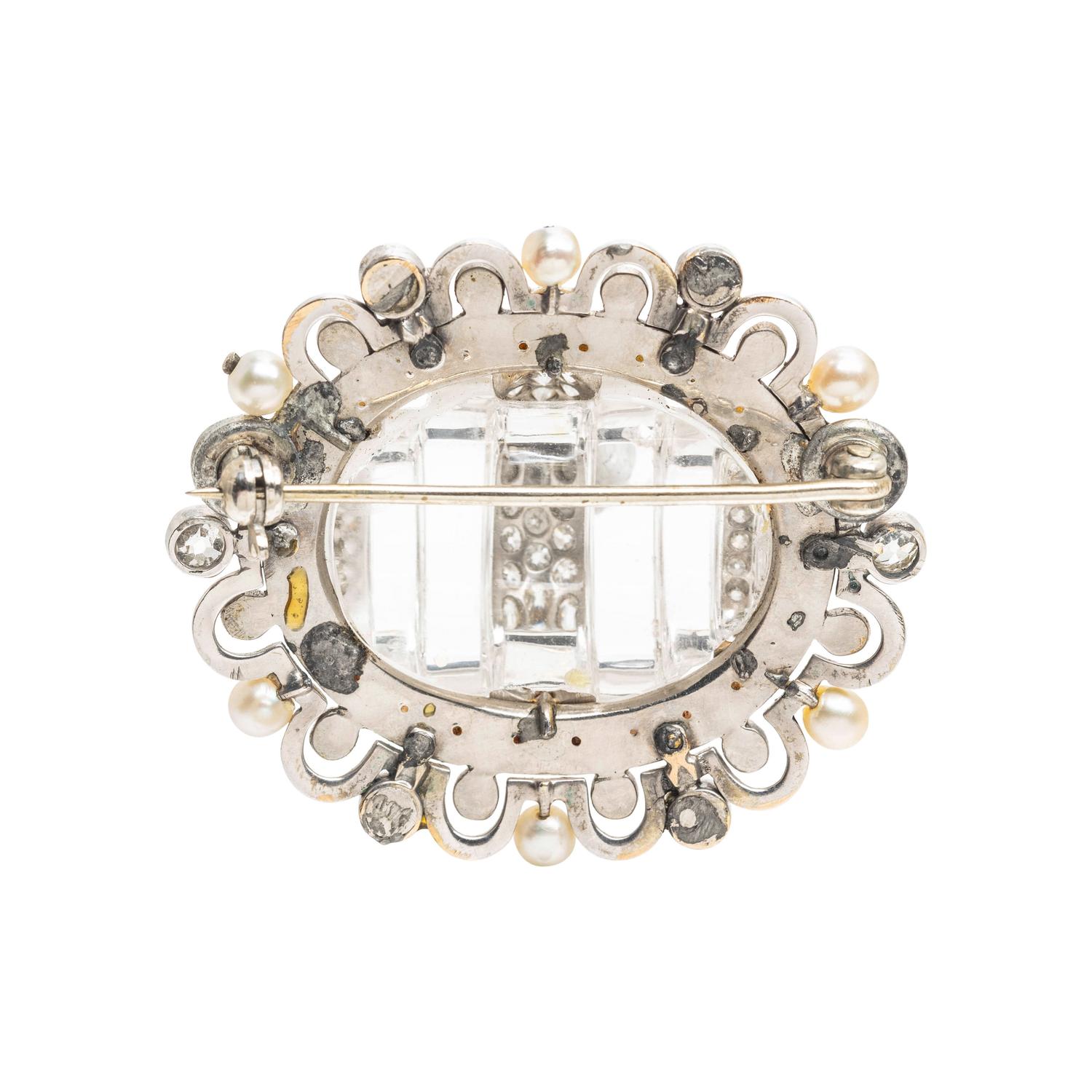 ROCK CRYSTAL, DIAMOND AND CULTURED PEARL BROOCH