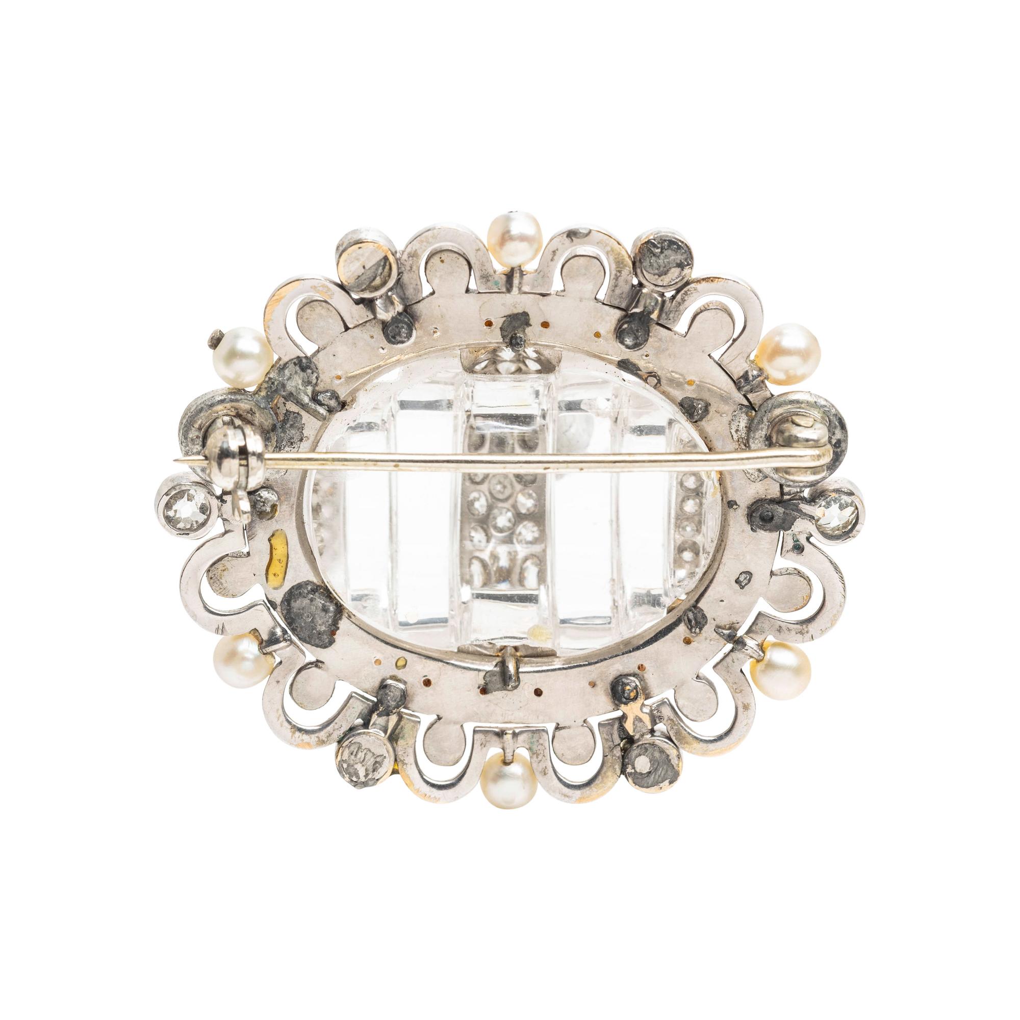 ROCK CRYSTAL, DIAMOND AND CULTURED PEARL BROOCH