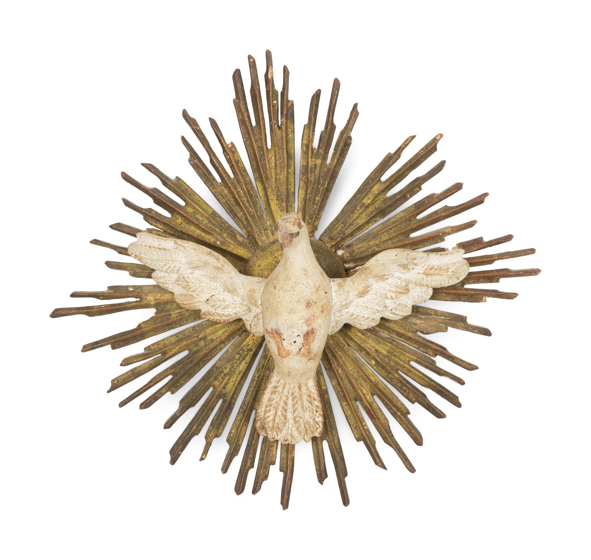 An Italian Carved and Painted Giltwood Dove on Sunburst