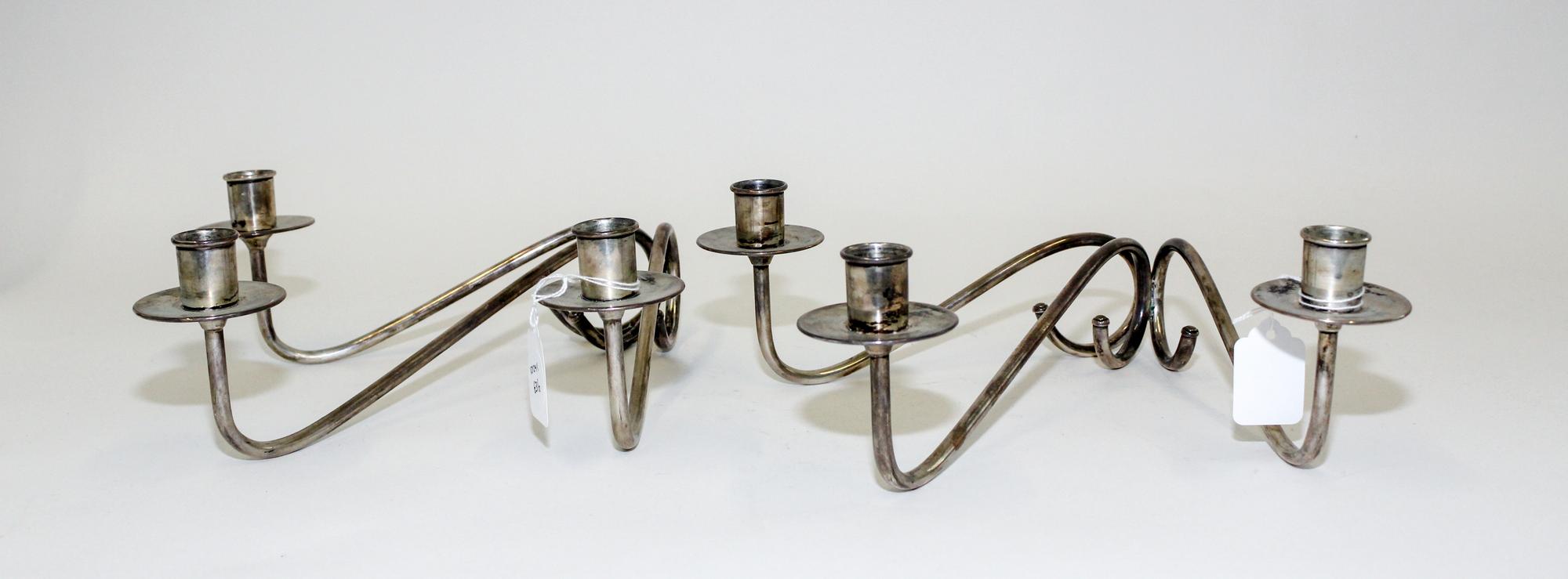 A Pair of American Silver Three-Light Candelabra, Fisher Silversmiths Inc., Jersey City, NJ, each with three cylindrical cups surmounti