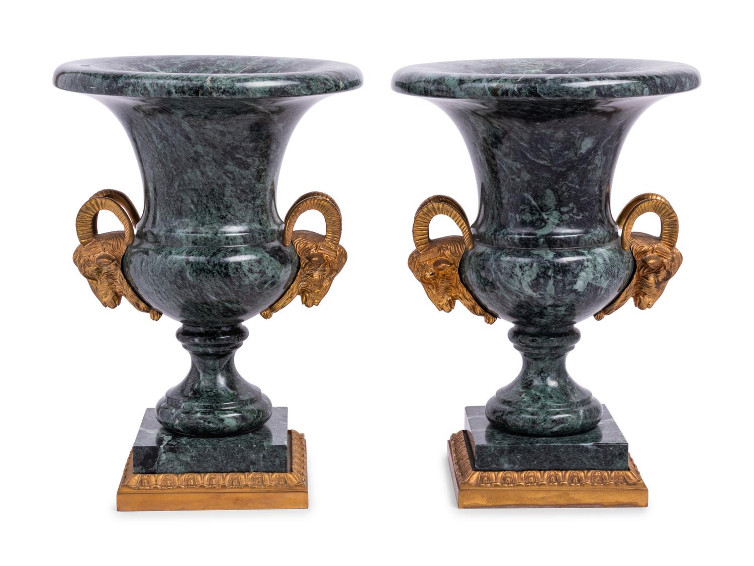 A Pair of Neoclassical Style Gilt Metal Mounted Marble Campagna-Form Urns