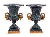 A Pair of Neoclassical Style Gilt Metal Mounted Marble Campagna-Form Urns