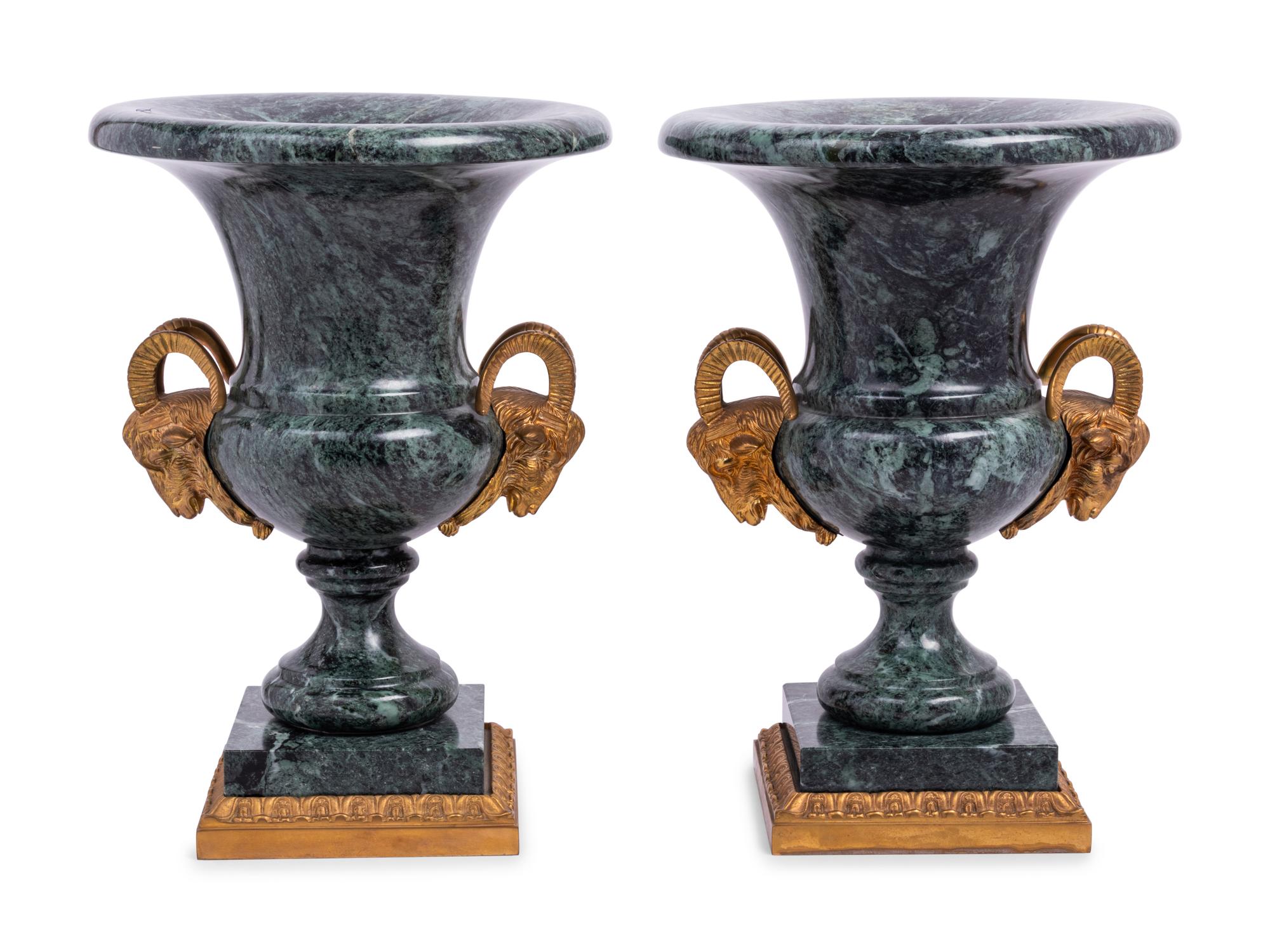A Pair of Neoclassical Style Gilt Metal Mounted Marble Campagna-Form Urns