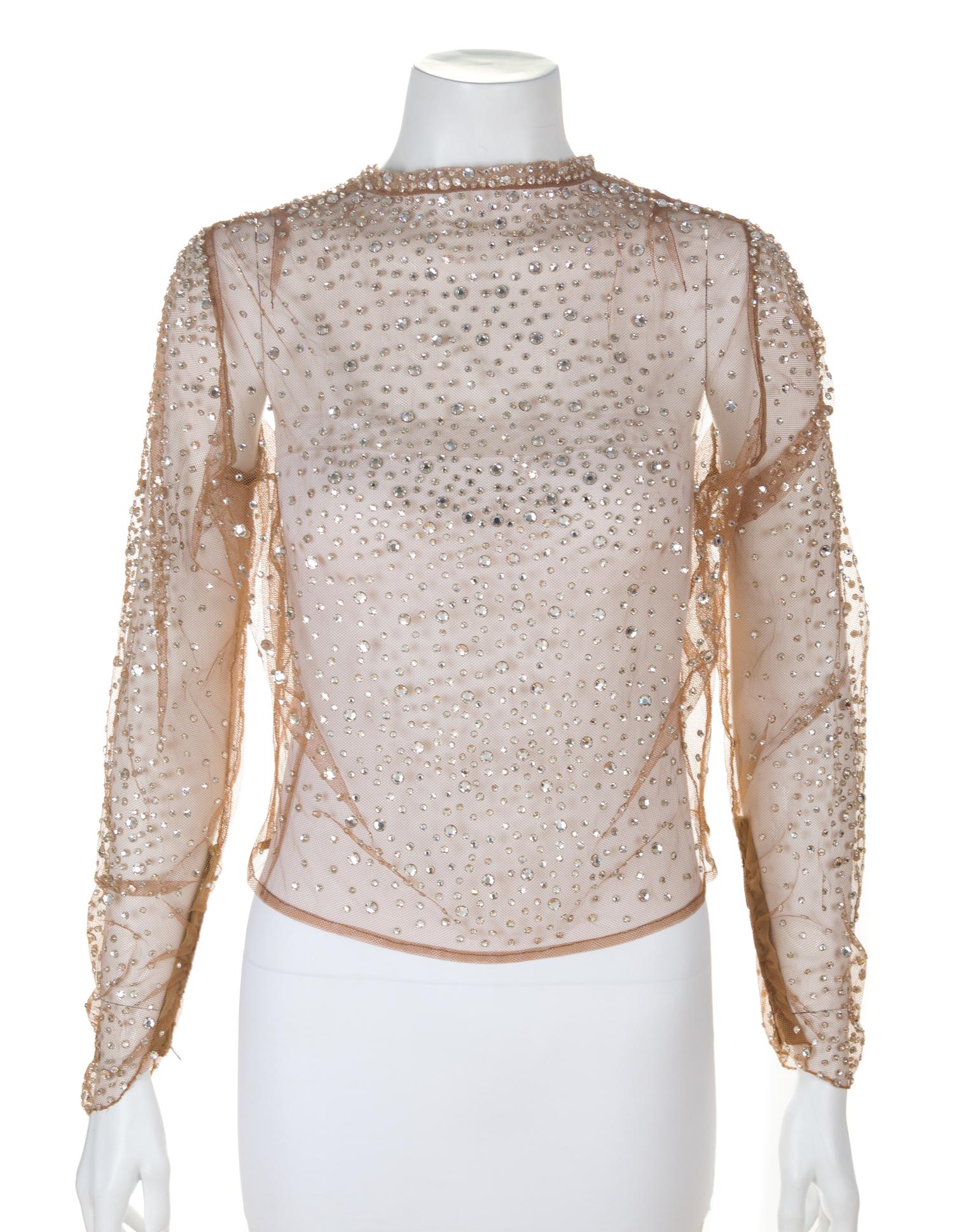 A Pauline Trigere Nude Sheer Crystal Embellished Top, No size.