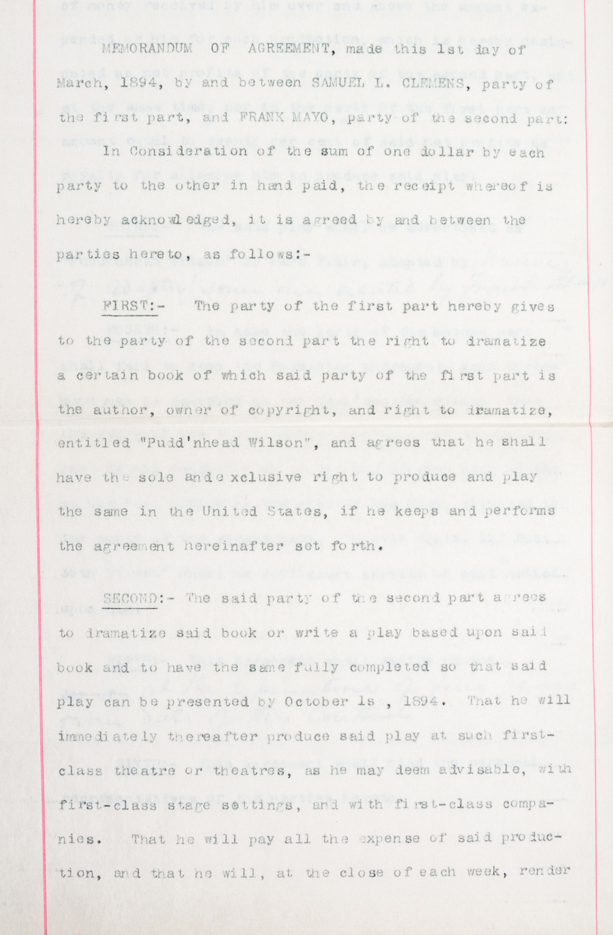 CLEMENS, SAMUEL L. Contract signed for the dramatization of Pudd'nhead Wilson. With a first edition.