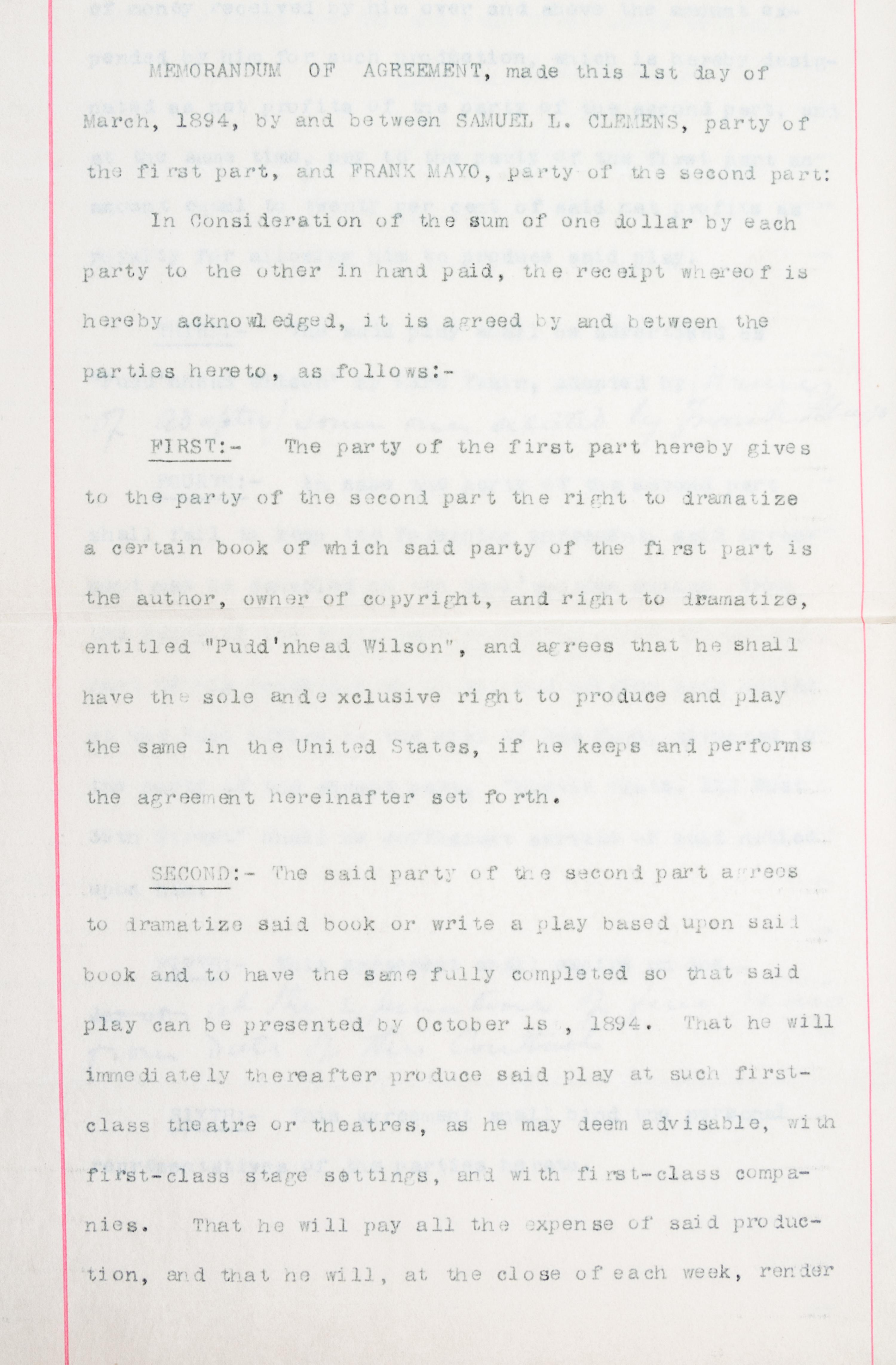 CLEMENS, SAMUEL L. Contract signed for the dramatization of Pudd'nhead Wilson. With a first edition.