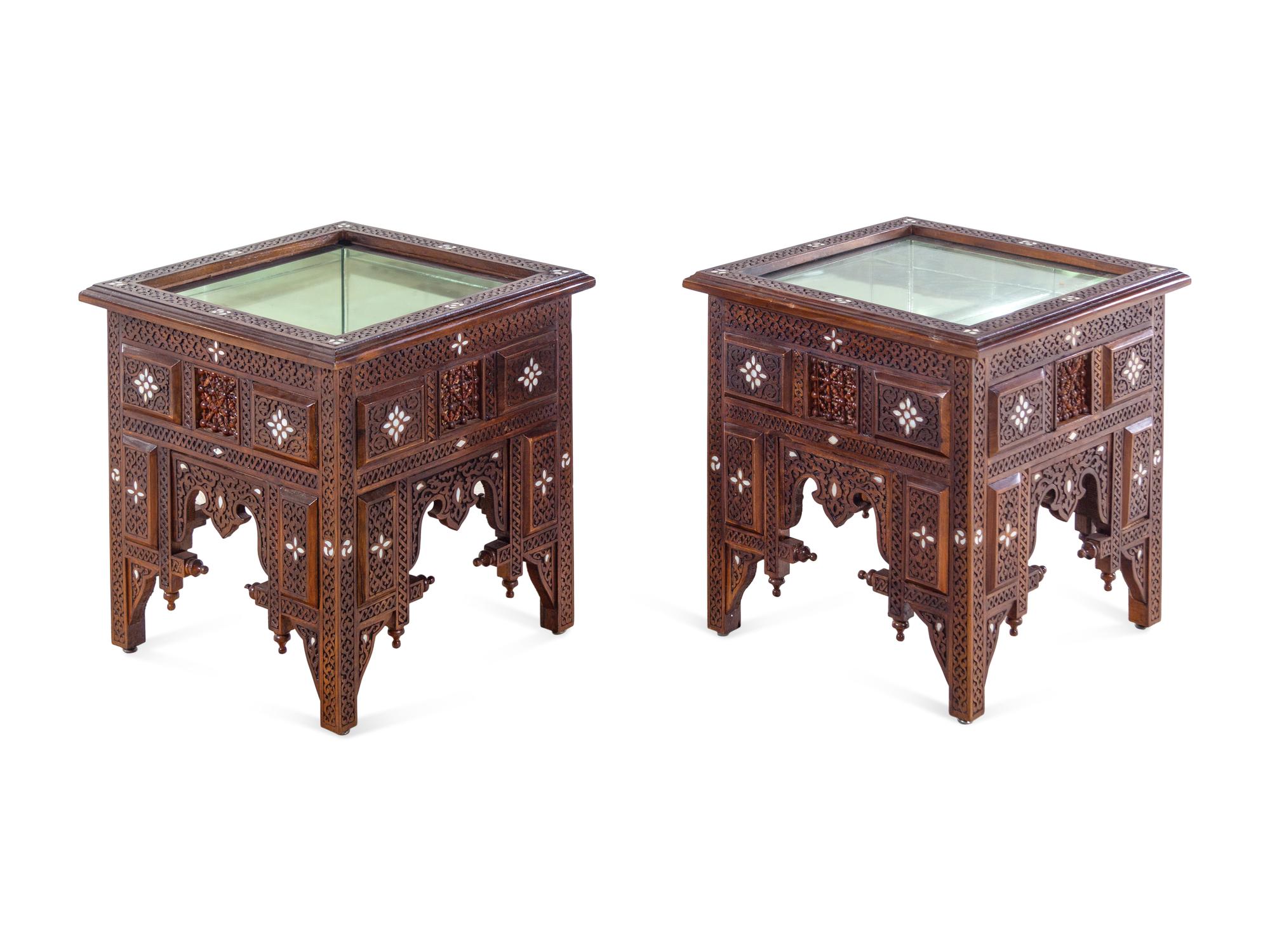 A Pair of Syrian Carved and Inlaid Walnut Low Vitrine Tables