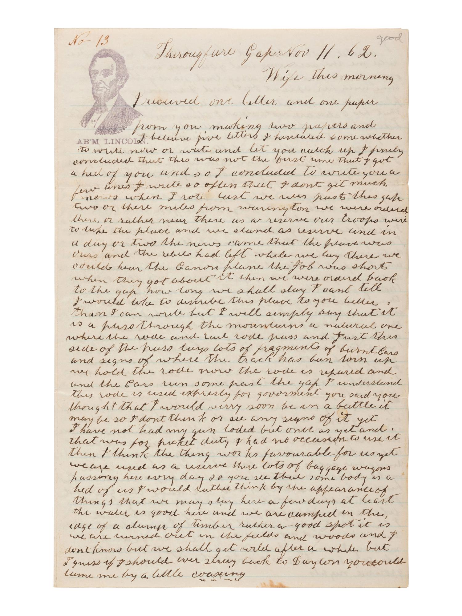 [LINCOLNIANA]. War-date soldier's lettersheet featuring "Ab'm Lincoln" bust portrait in purple.