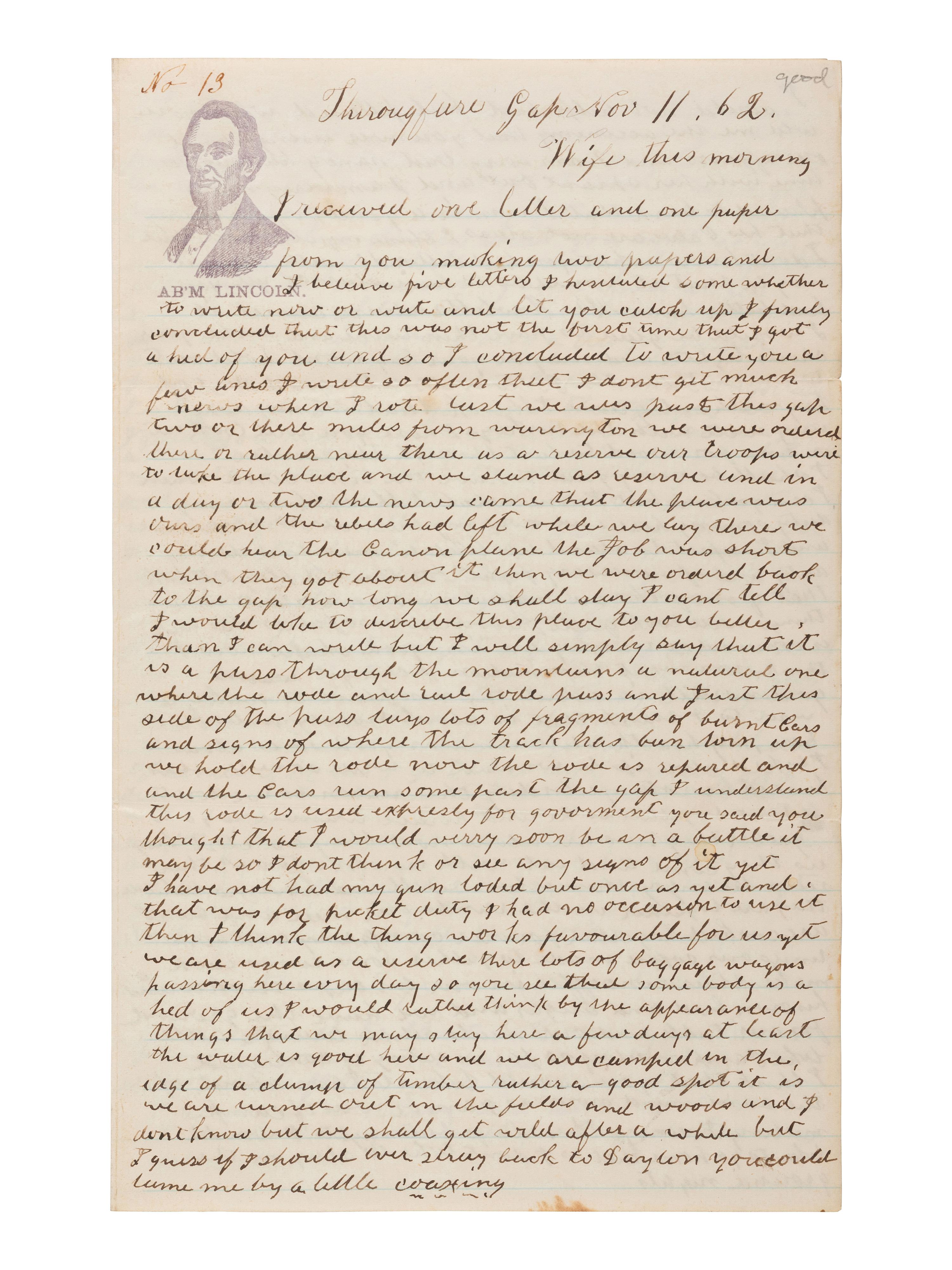 [LINCOLNIANA]. War-date soldier's lettersheet featuring "Ab'm Lincoln" bust portrait in purple.