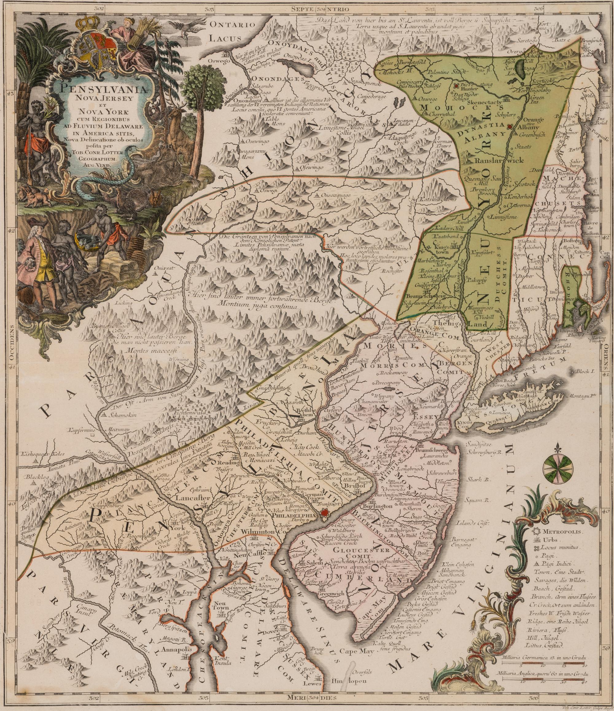 LOTTER, Tobias Conrad. Pensylvania Nova Jersey et Nova York cum Regionibus ad Fluvium Delaware in America Sitis ... Augsburg, 1756.