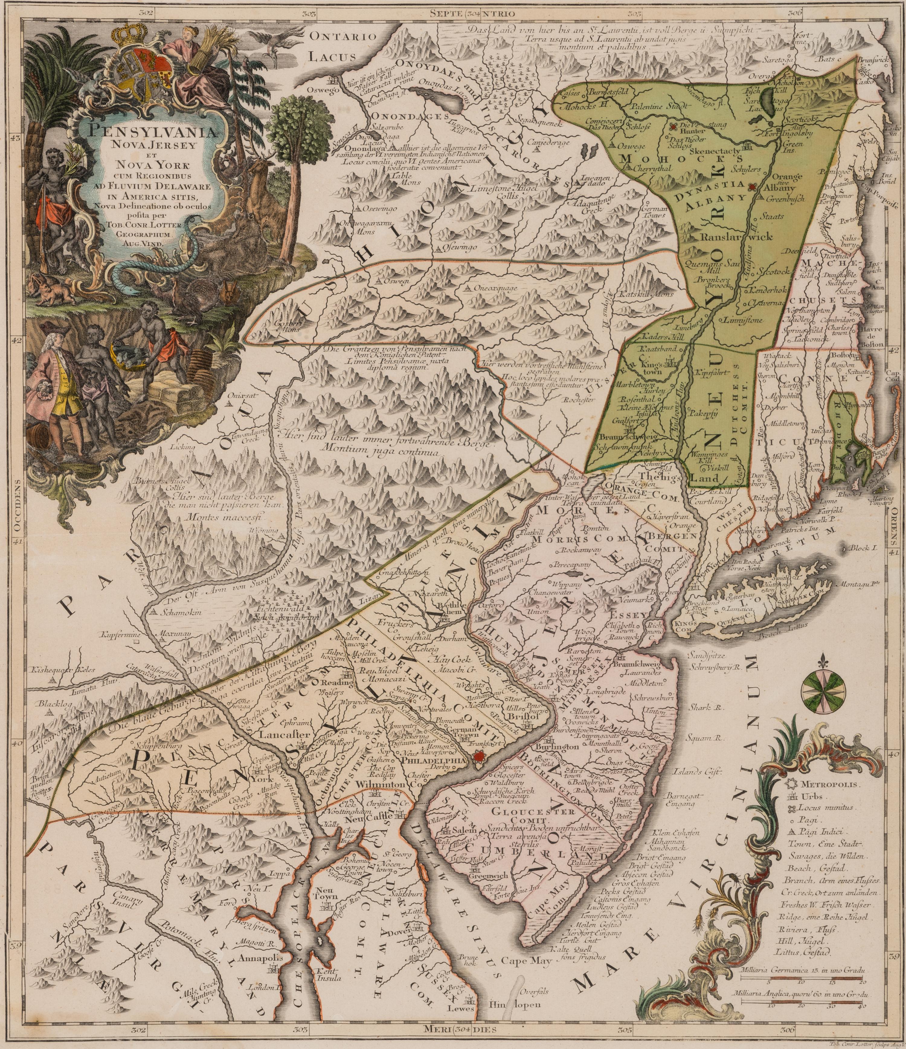 LOTTER, Tobias Conrad. Pensylvania Nova Jersey et Nova York cum Regionibus ad Fluvium Delaware in America Sitis ... Augsburg, 1756.