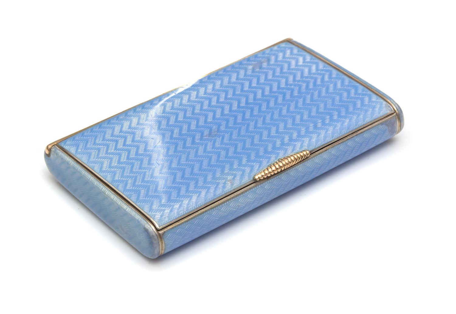 A Russian Guilloche Enameled Silver Cigarette Case, Maker's Mark IB, with engine turned engraving.