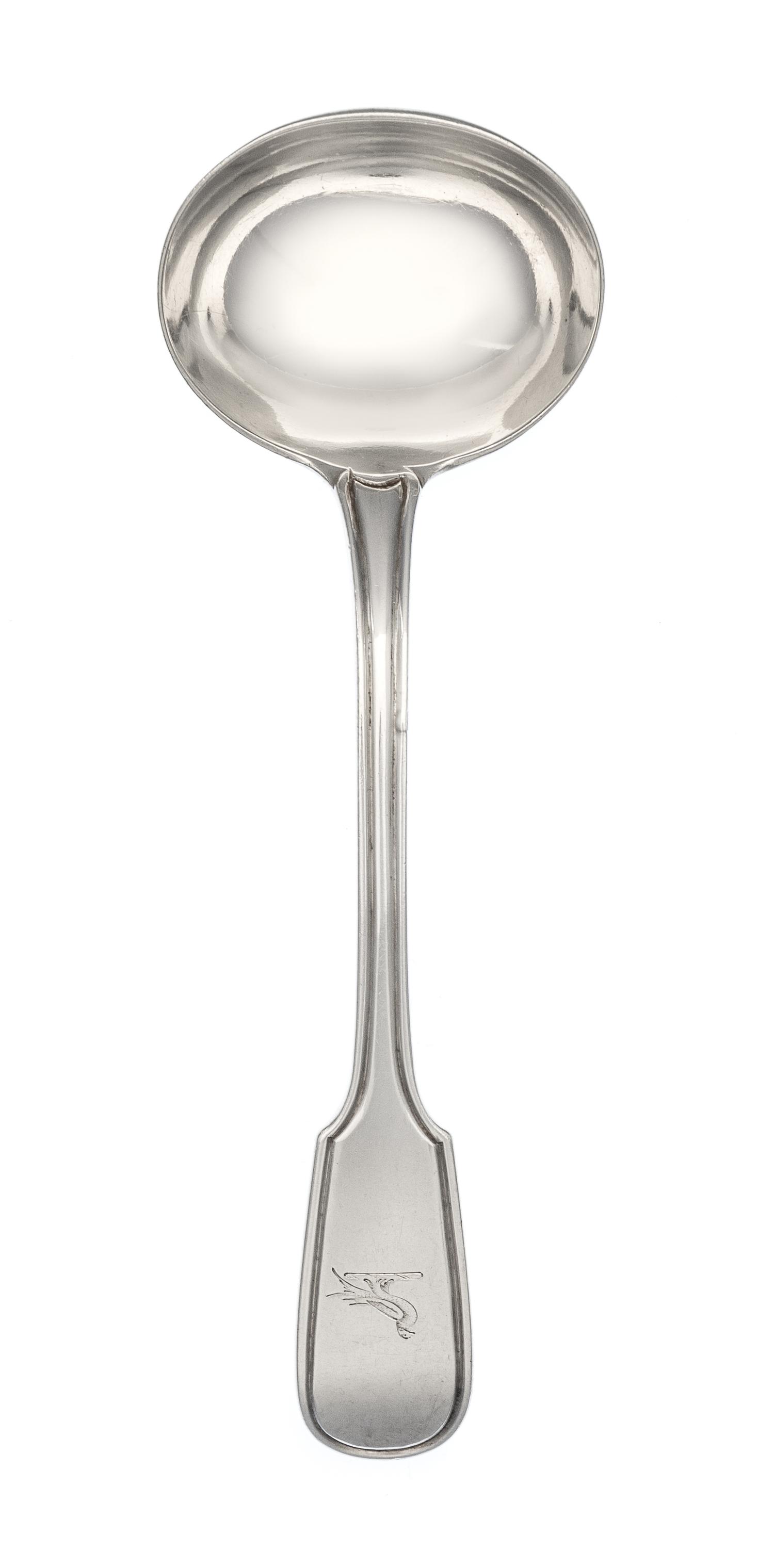 A William IV Silver Sauce Ladle, William Ely, London, 1832, the Fiddle and Thread handle engraved with a crest depicting a pheasant.