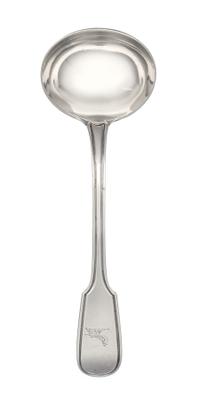 A William IV Silver Sauce Ladle, William Ely, London, 1832, the Fiddle and Thread handle engraved with a crest depicting a pheasant.