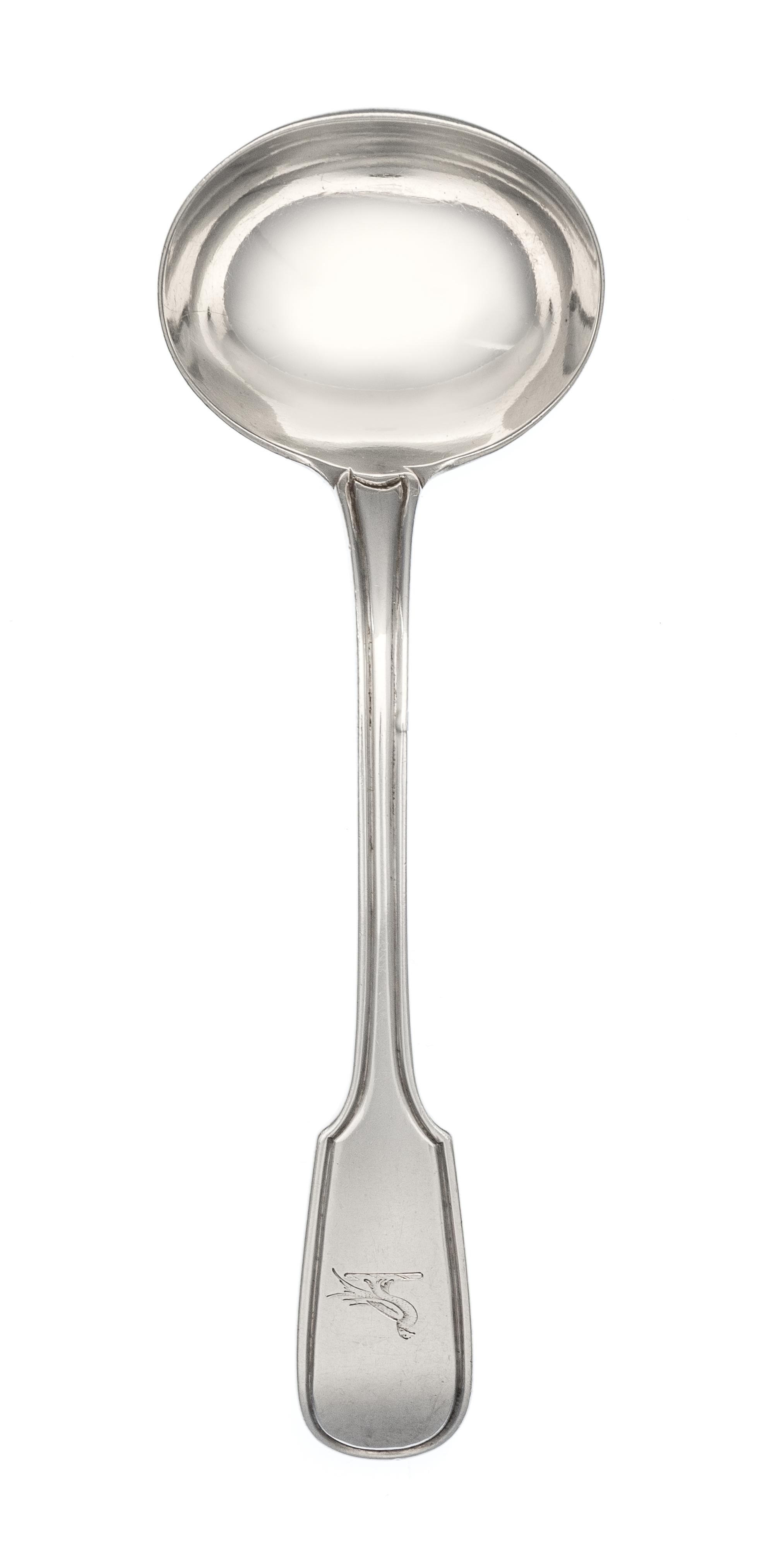 A William IV Silver Sauce Ladle, William Ely, London, 1832, the Fiddle and Thread handle engraved with a crest depicting a pheasant.