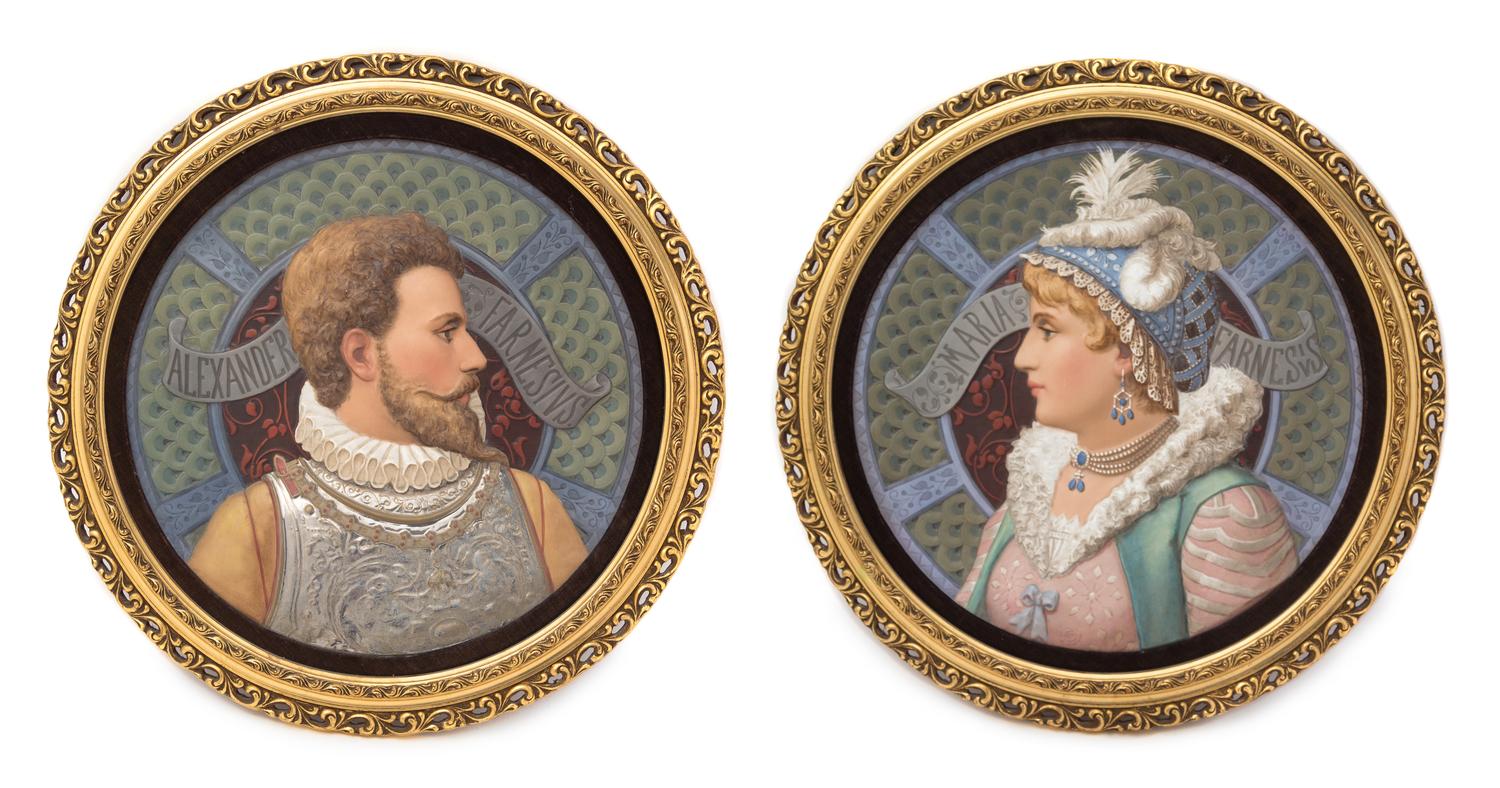 A Pair of Continental Porcelain Portrait Plaques Diameter overall 21 1/4 inches.
