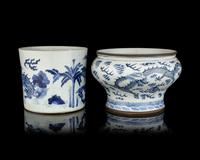 Two Chinese Blue and White Porcelain Scholar's Objects