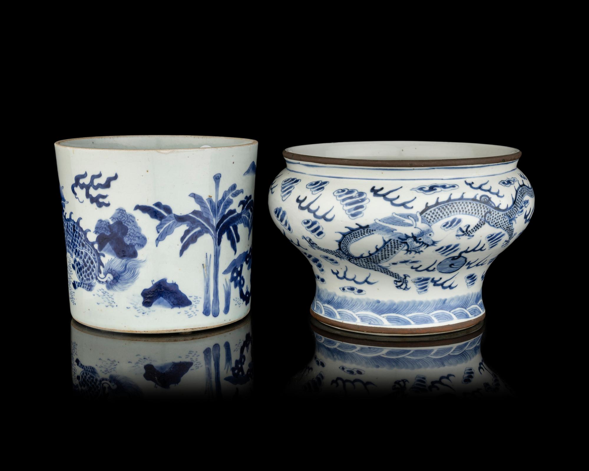 Two Chinese Blue and White Porcelain Scholar's Objects