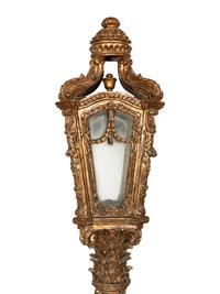 A Pair of Monumental Louis XV Style Elaborately Carved Giltwood Gondola Lanterns