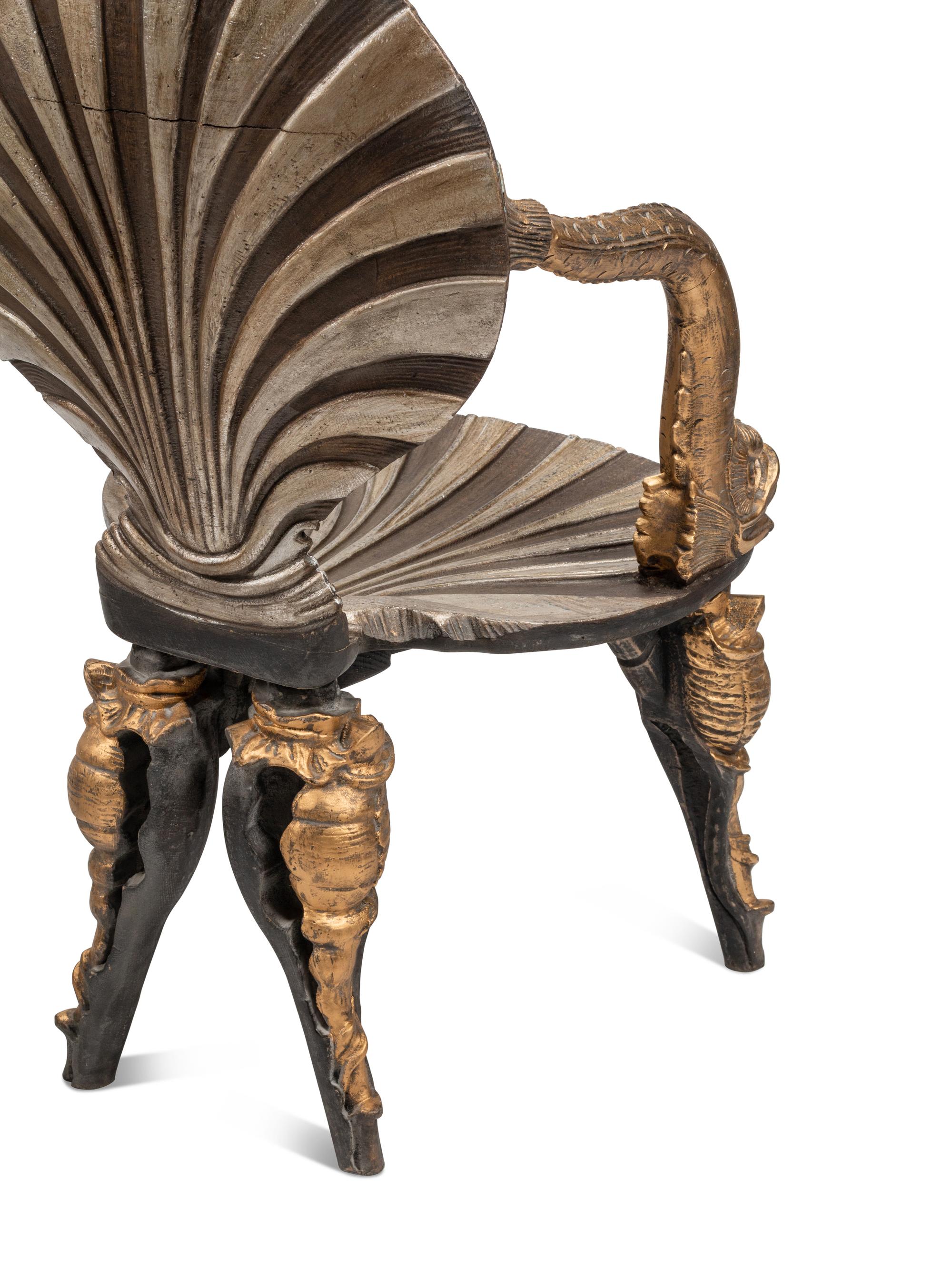 A Pair of Italian Grotto Style Gilt and Silvered Wood Armchairs