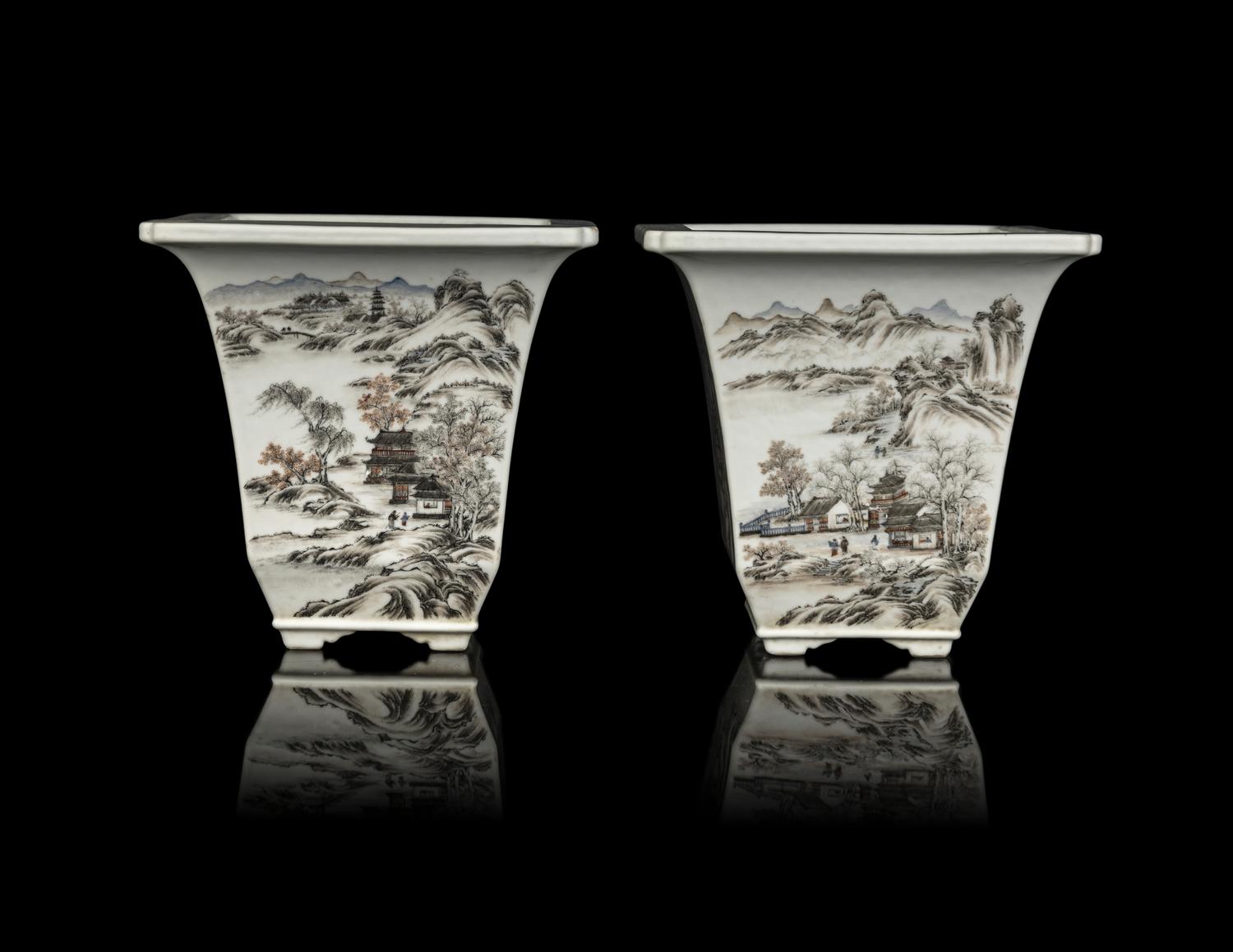 A Pair of Chinese Qianjiang Porcelain Square Cachepots