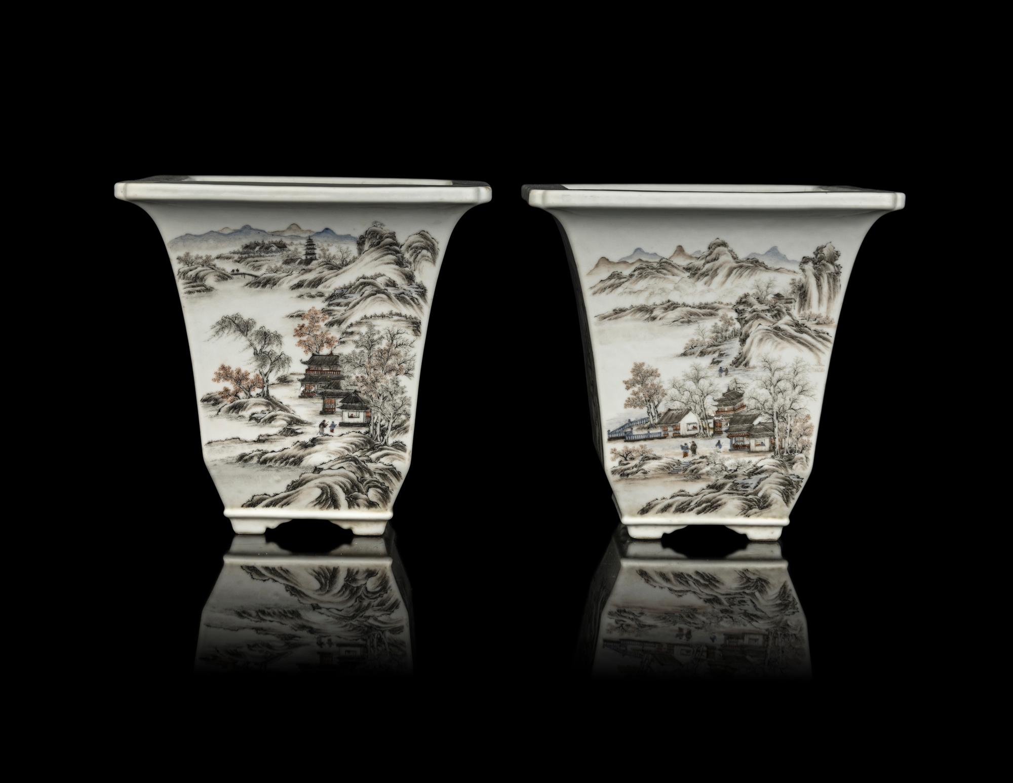 A Pair of Chinese Qianjiang Porcelain Square Cachepots