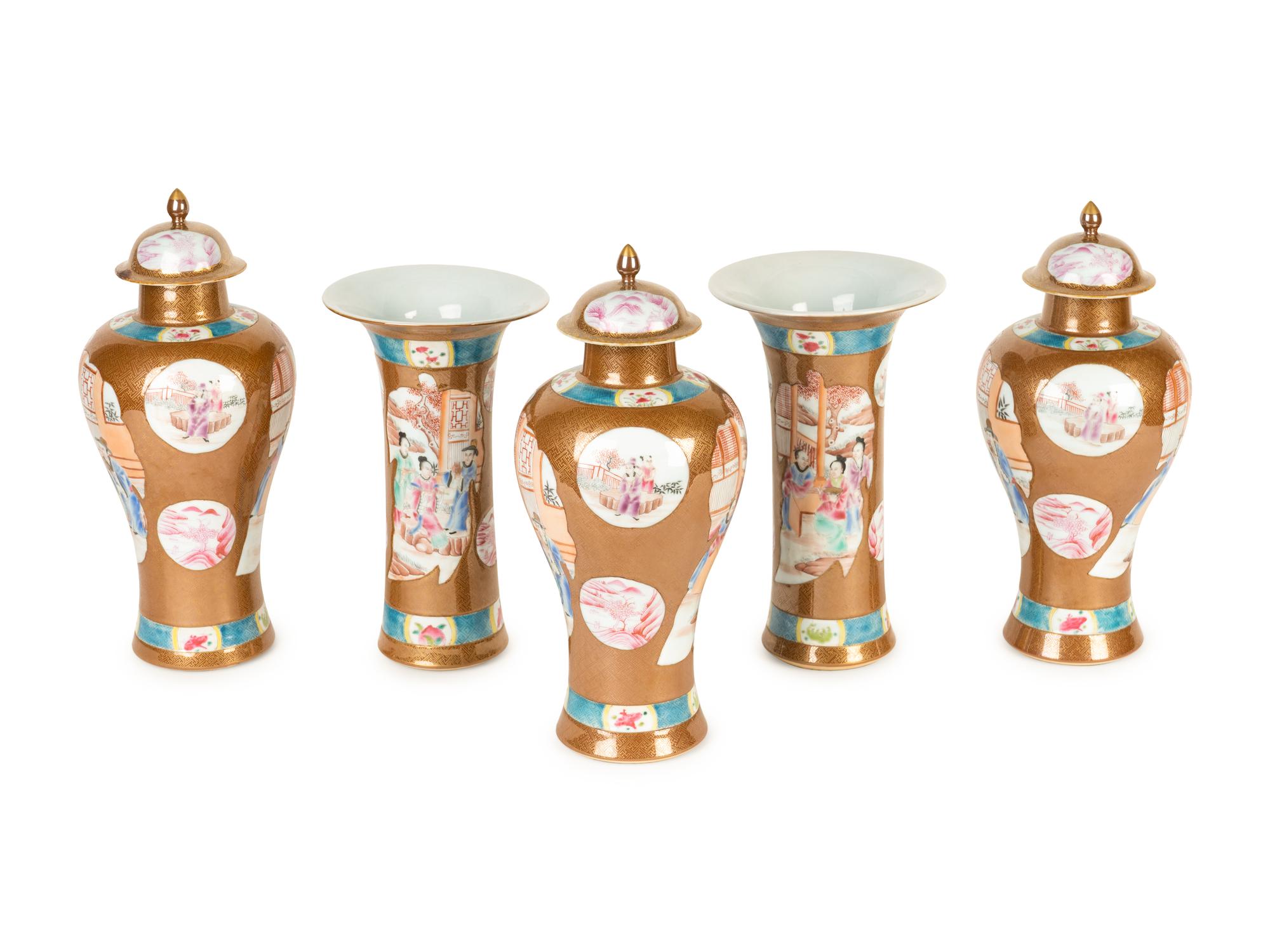 A Chinese Polychrome Enameled Porcelain Five-Piece Garniture
