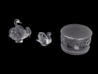 A Collection of Seven Lalique Glass Articles Height of tallest figure 5 1/2 inches.