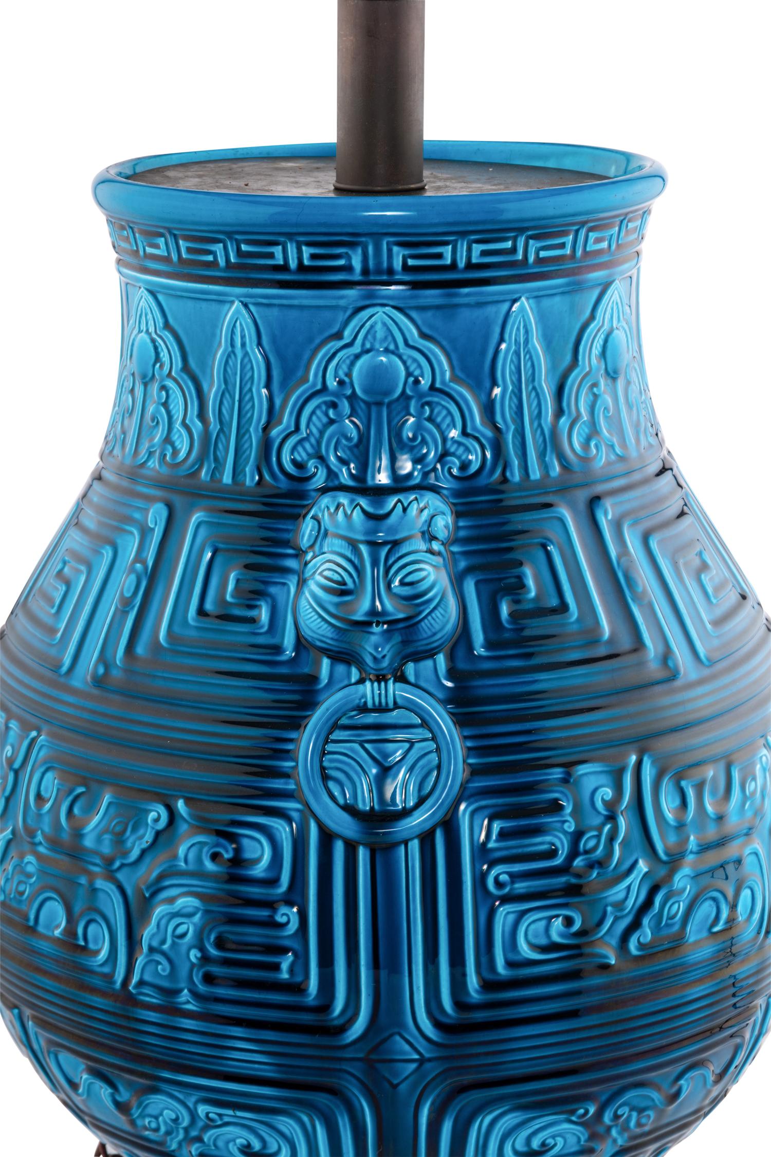 An Archaic Style Turquoise-Glazed Pottery Vase Mounted as a Lamp