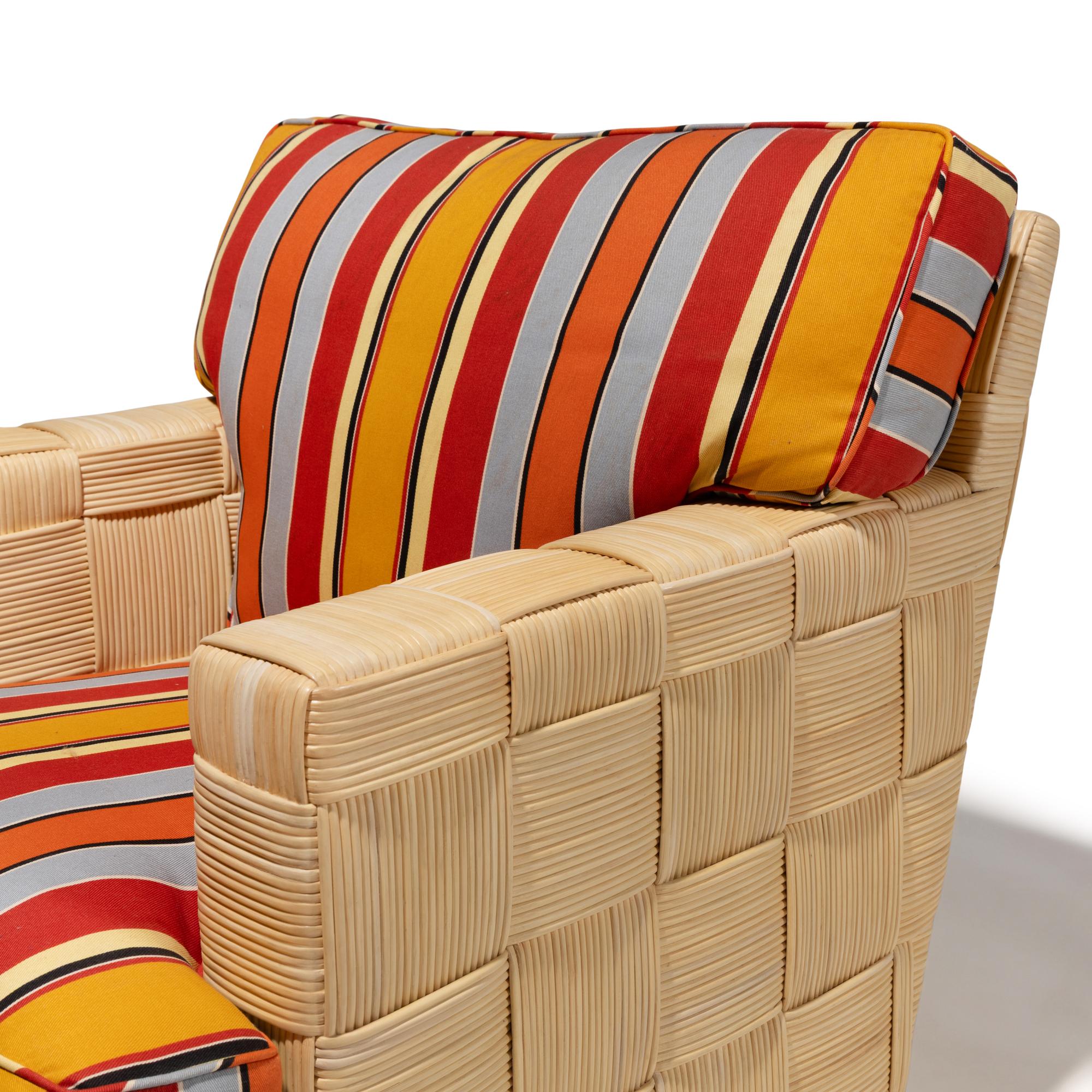 John Hutton for Donghia c. 1990 — Block Island Rattan Club Chairs, and Ottoman Donghia Furniture