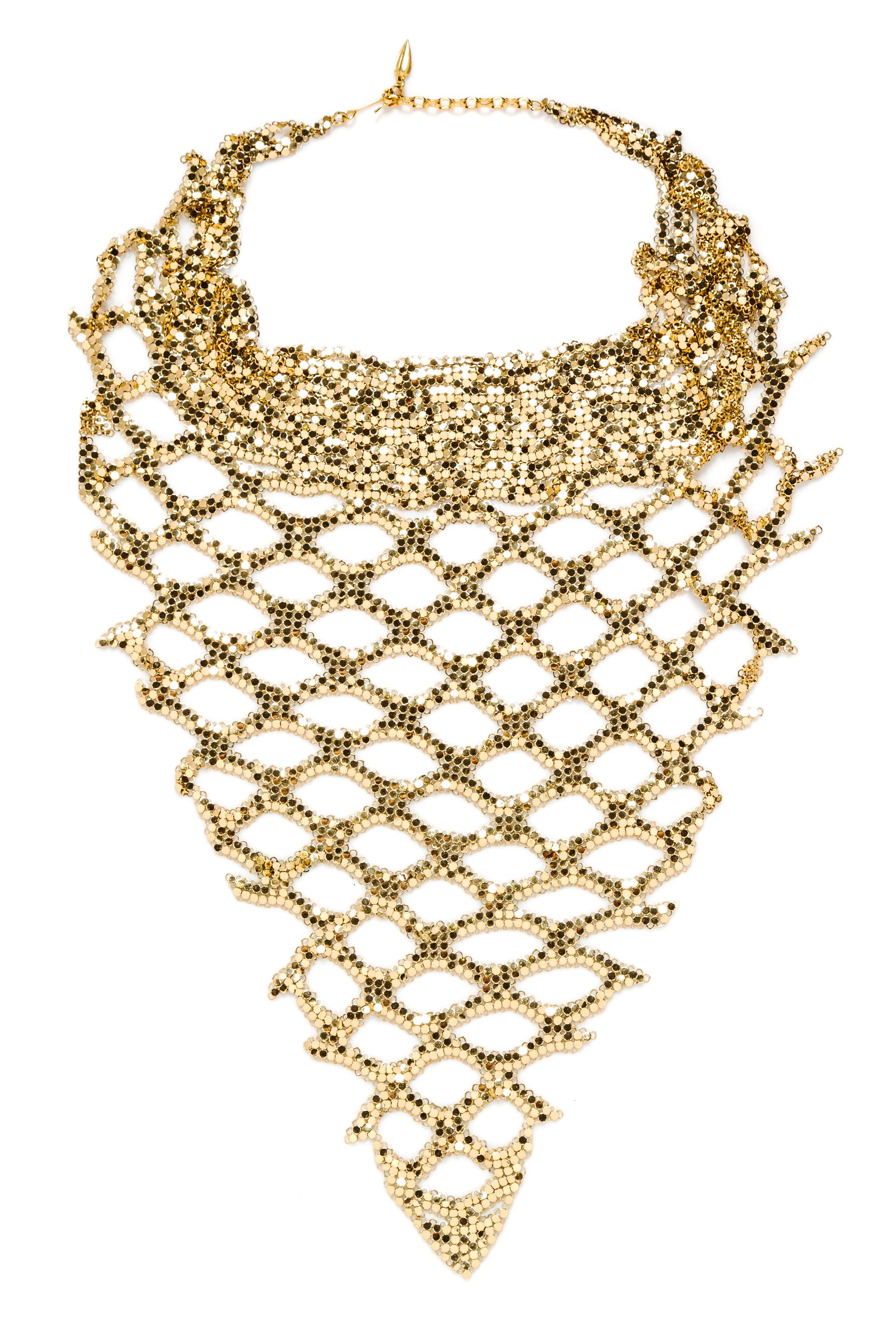 A Whiting & Davis Goldtone Mesh Bib Necklace and Earclip Set, Necklace: 37" x 15"; Earclips: 2.5" circumference.