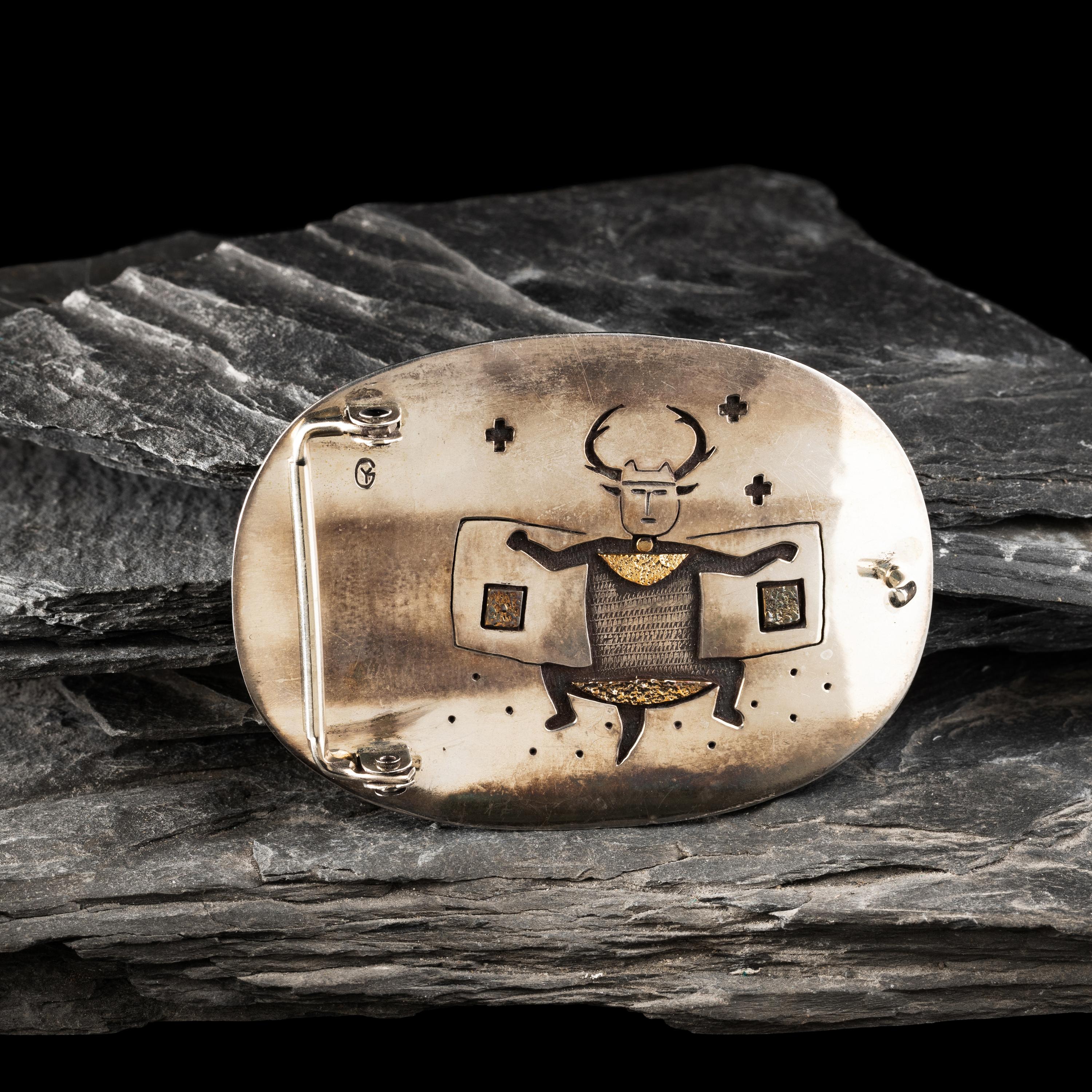 Gail Bird and Yazzie Johnson (Kewa-Laguna, b. 1949) / (Diné, b. 1946) — Silver and Morrisonite Jasper Belt Buckle