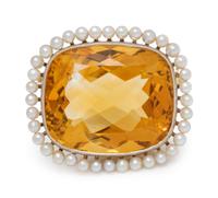 A Platinum Topped 14 Karat Yellow Gold, Citrine and Seed Pearl Brooch,