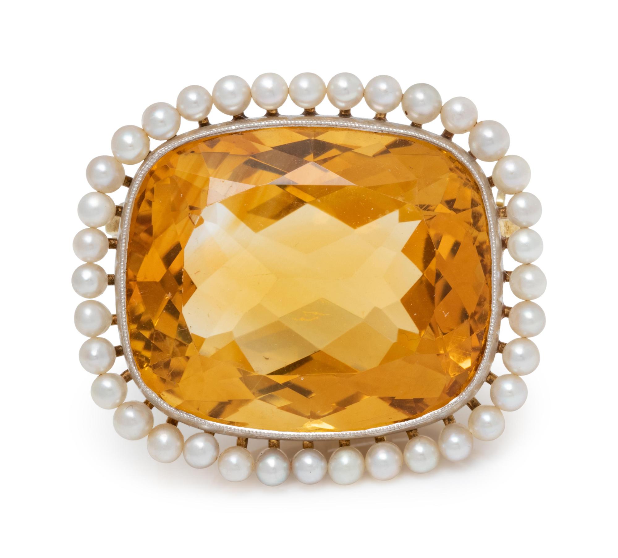 A Platinum Topped 14 Karat Yellow Gold, Citrine and Seed Pearl Brooch,