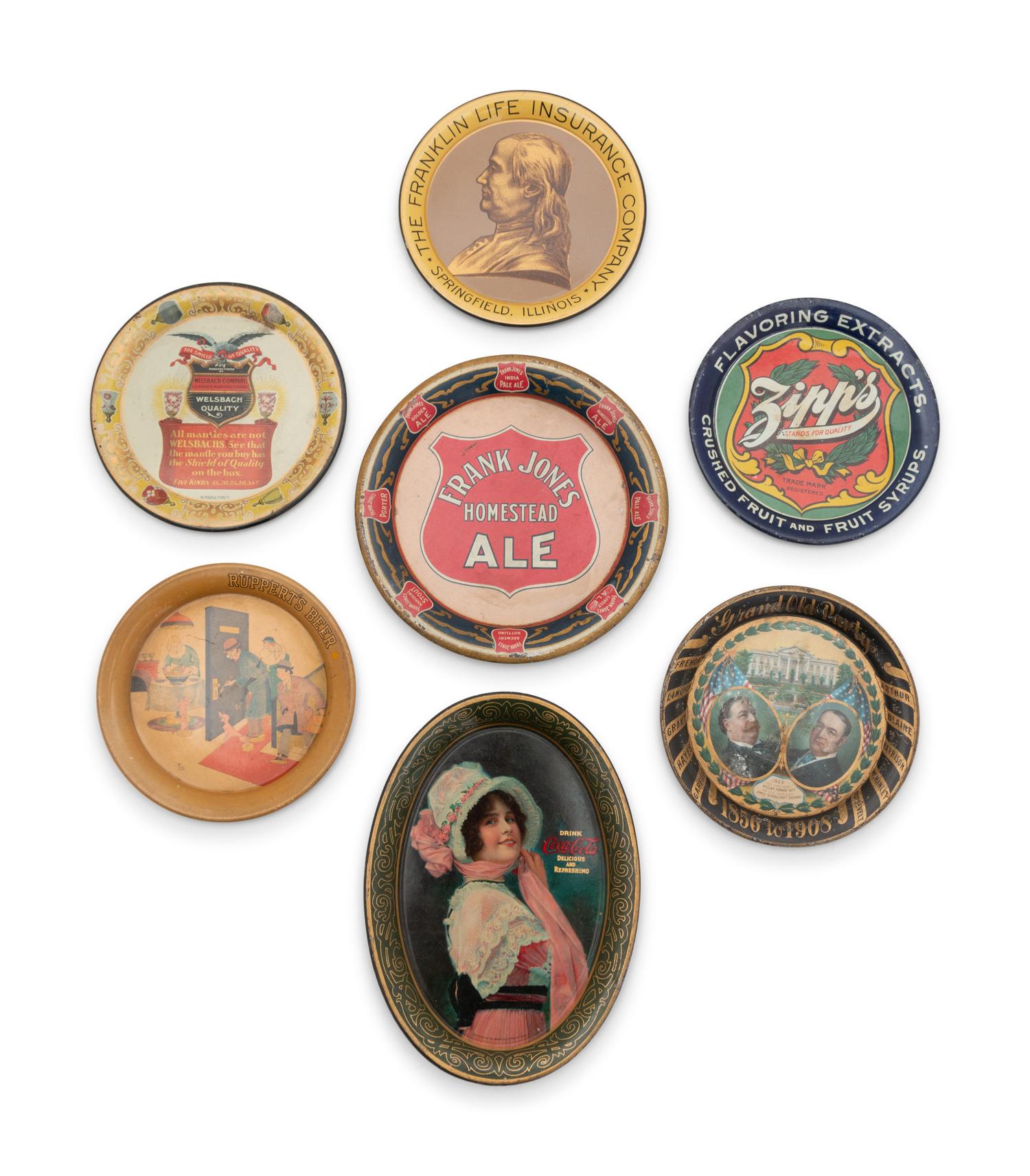 A Collection of Seven Tin Lithographed Advertising Tip Trays