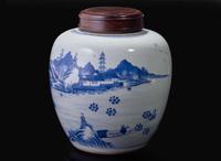 A Chinese blue and white "Landscape" jar, Qing dynasty, 18th-early 19th century 青花山水人物罐 清 十八至十九世紀