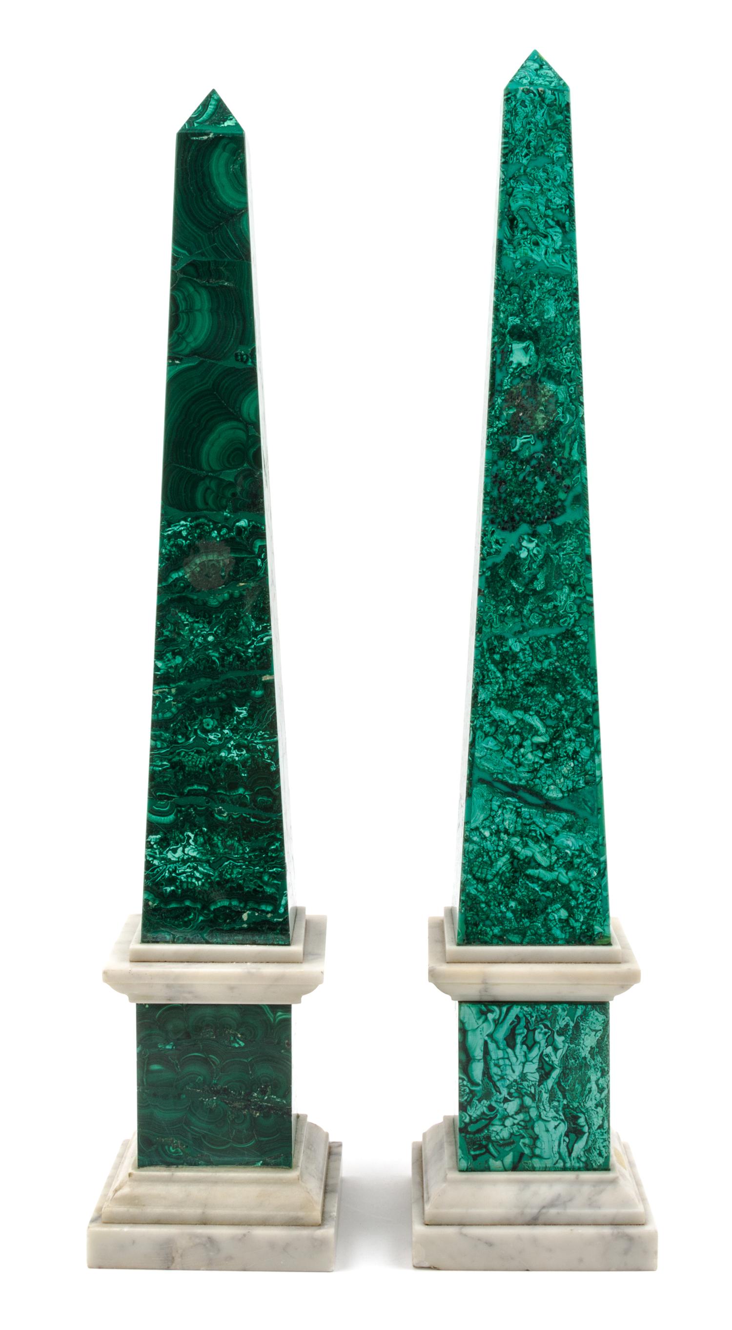A Pair of Malachite and Marble Obelisks Height of each 21 3/4 inches. — 20TH CENTURY