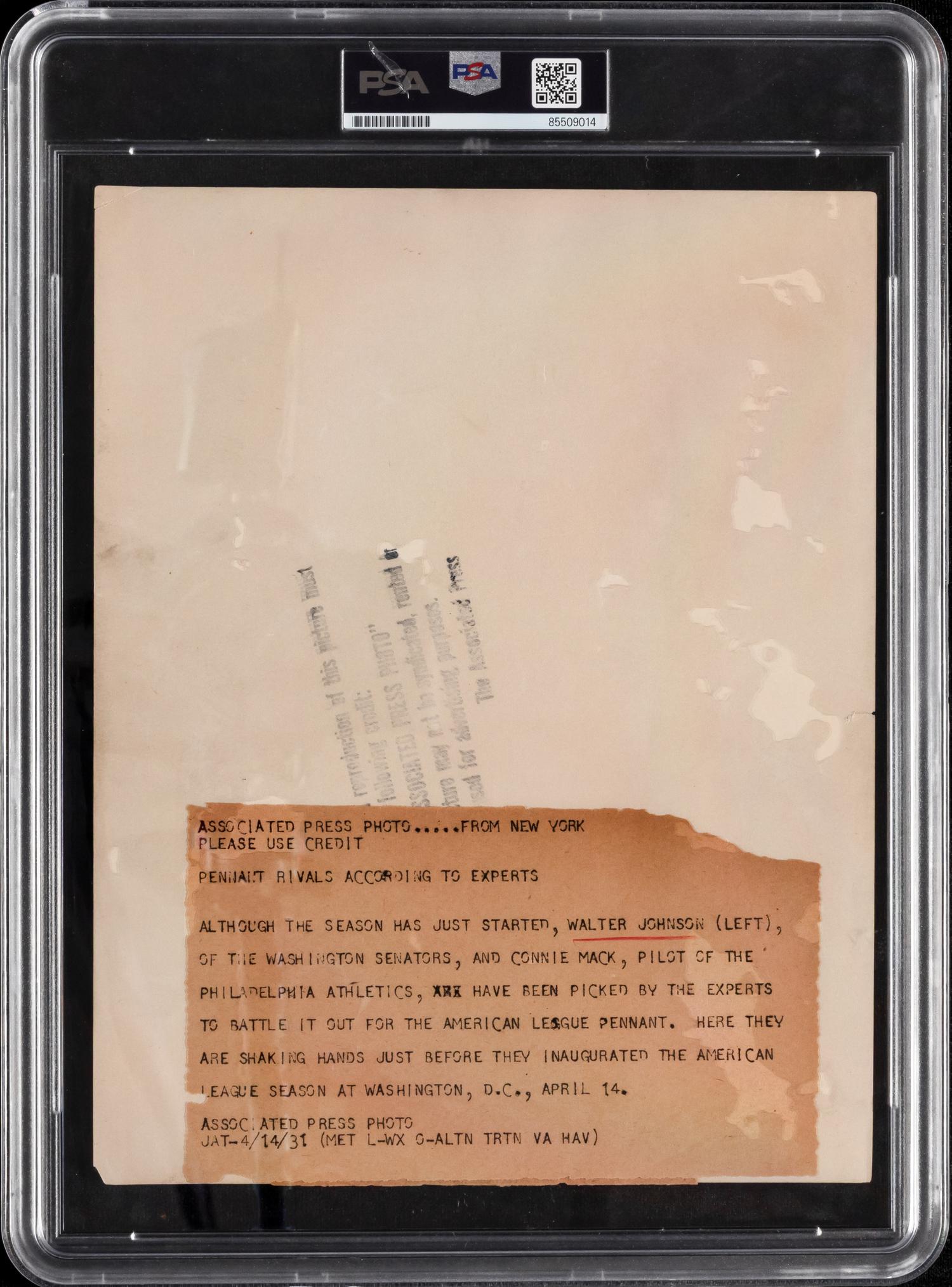 An Original 1931 Walter Johnson and Connie Mack Type One Associated Press News Photograph (PSA)