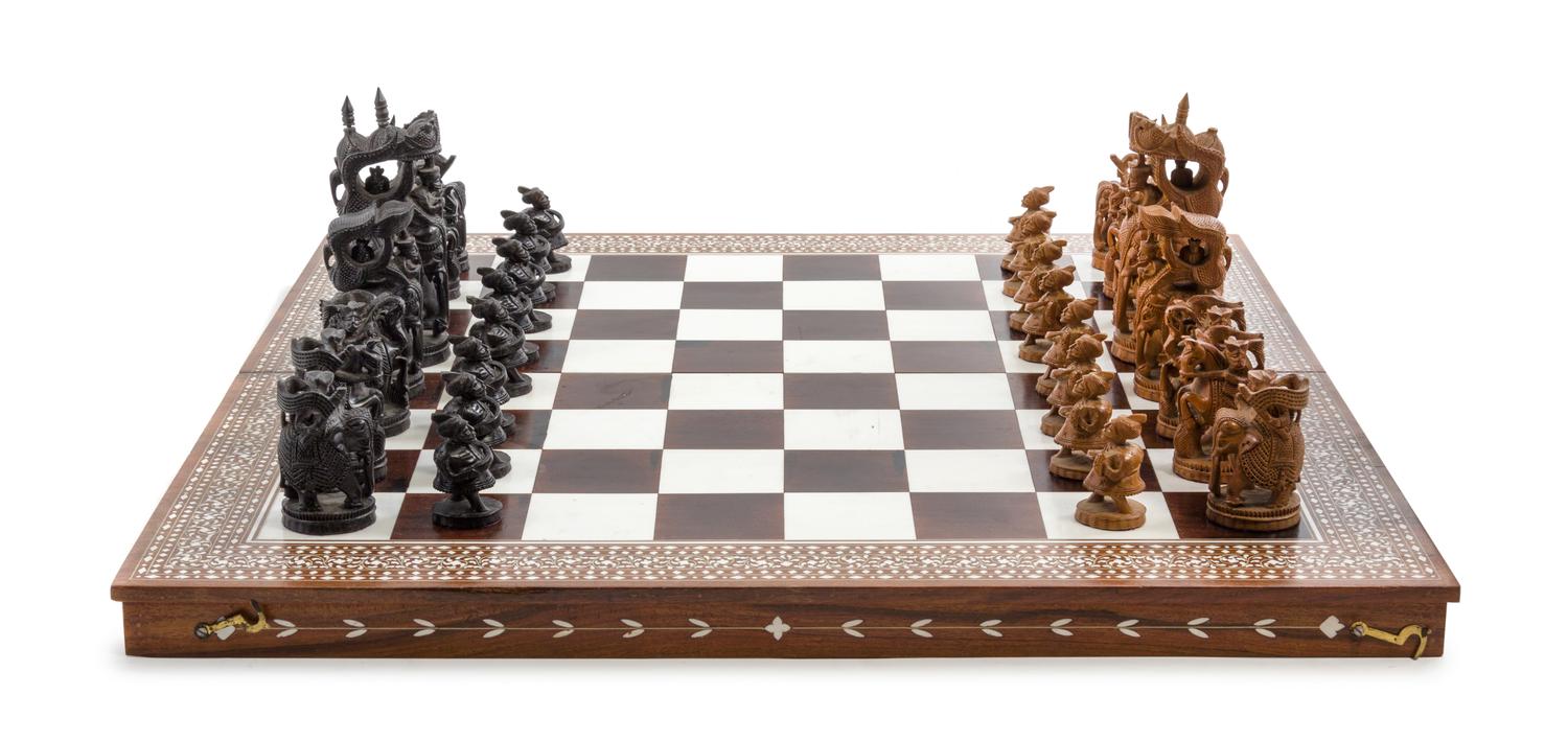 An Ivorine Inlaid Chess Set Width of case 26 3/4 inches. — LATE 19TH CENTURY
