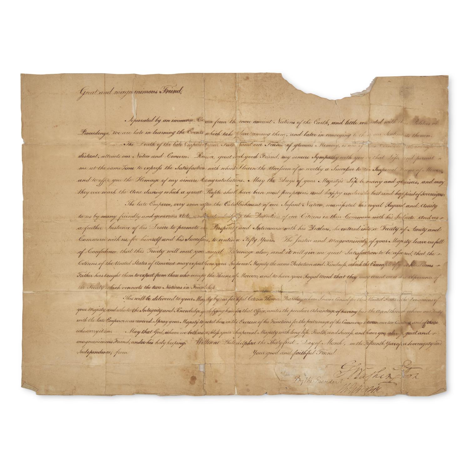 [Presidential] [Morocco] Washington, George, and Thomas Jefferson. Manuscript Letter, signed