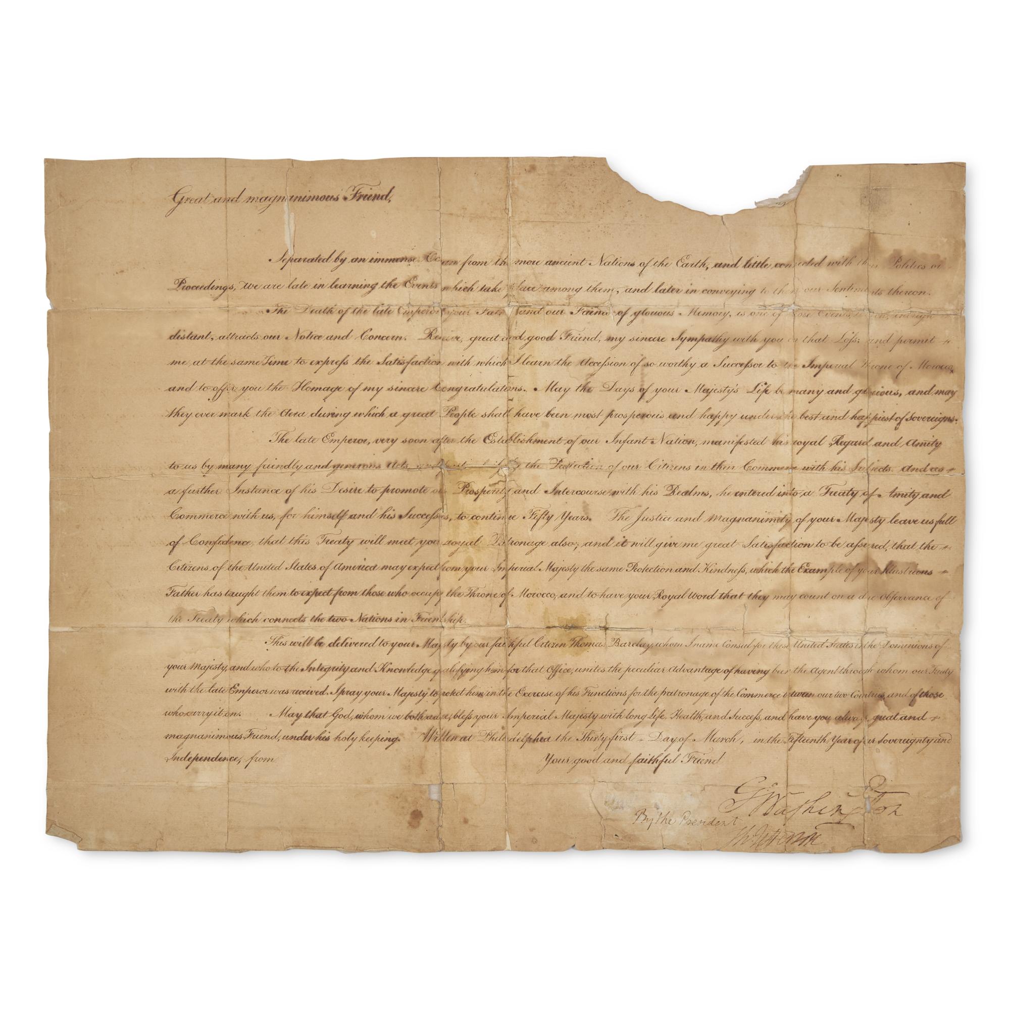 [Presidential] [Morocco] Washington, George, and Thomas Jefferson. Manuscript Letter, signed