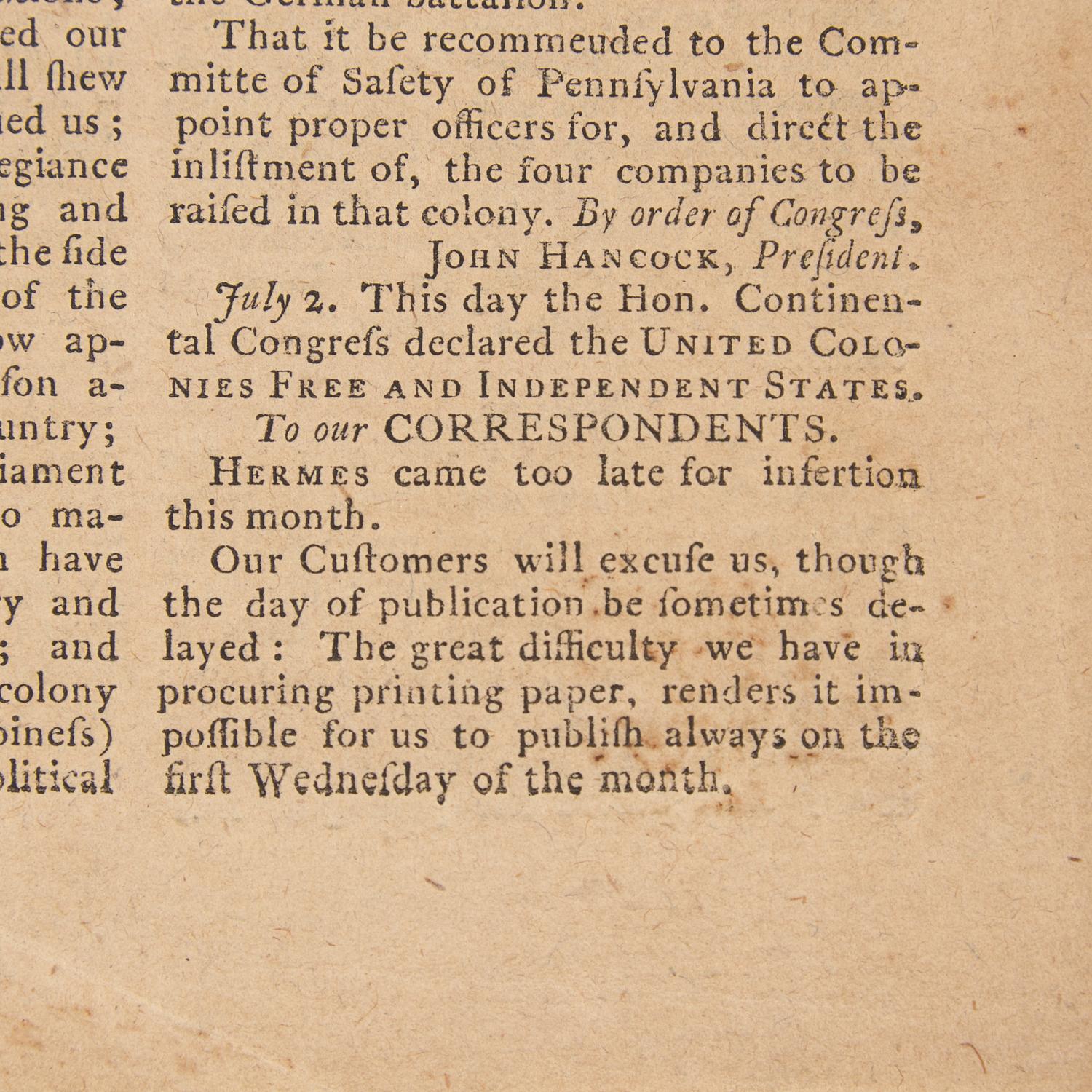 [Declaration of Independence] One of the Earliest Printed Announcements of American Independence, in the Exceedingly Rare Original Wrappers, 1776