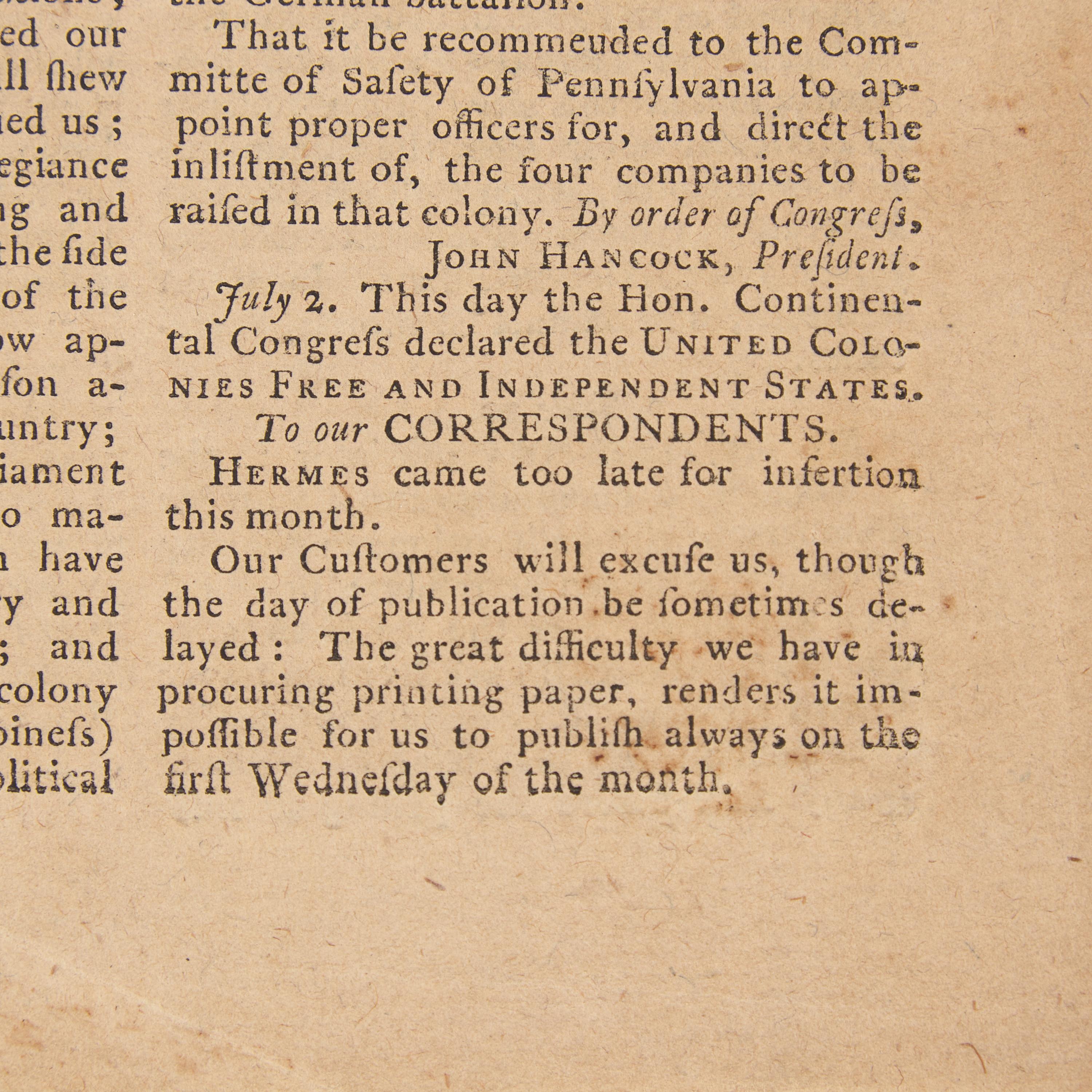 [Declaration of Independence] One of the Earliest Printed Announcements of American Independence, in the Exceedingly Rare Original Wrappers, 1776